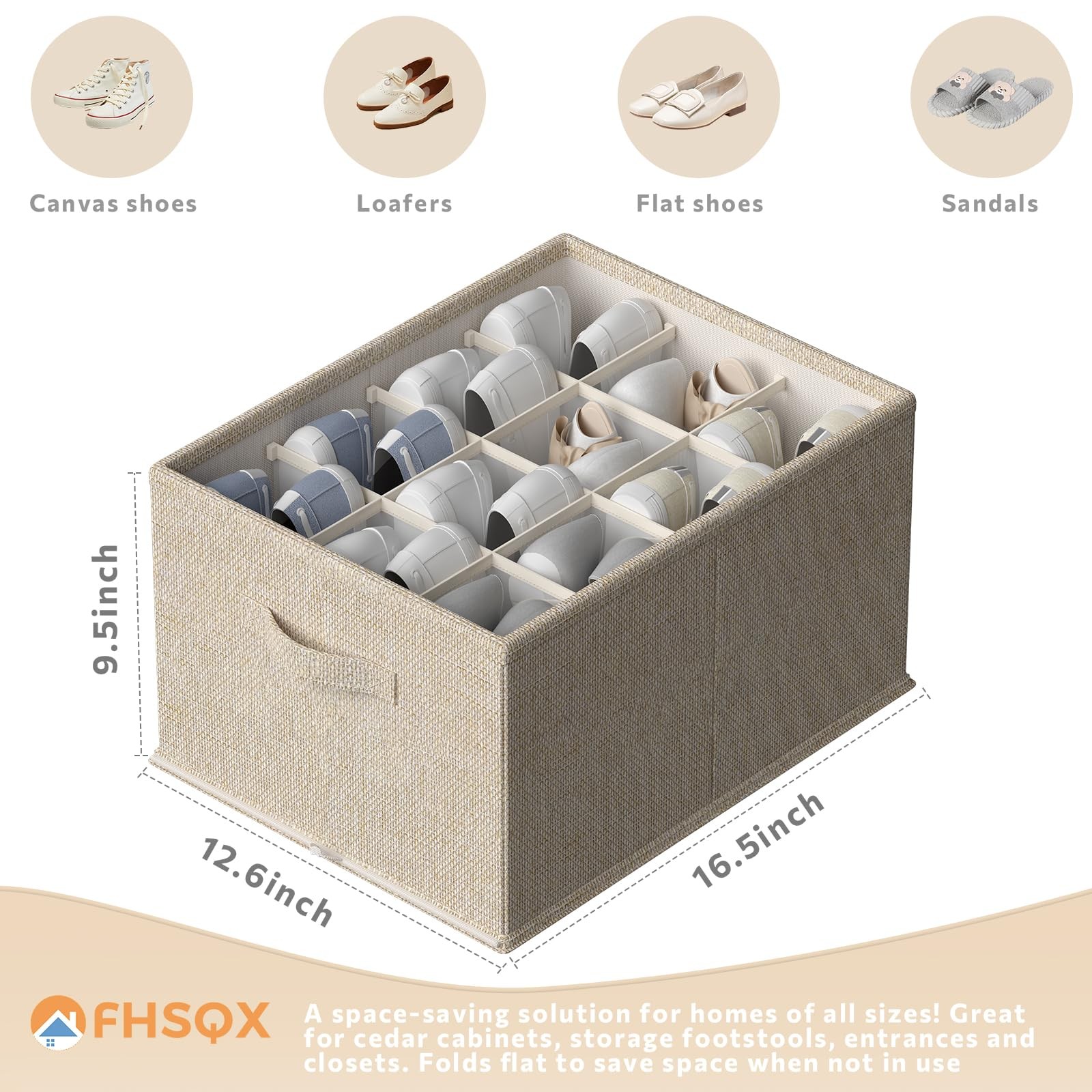 Beige Foldable Shoe Organizer Closet Storage Containers 16.5×12.6×9.5 In 4 Pack