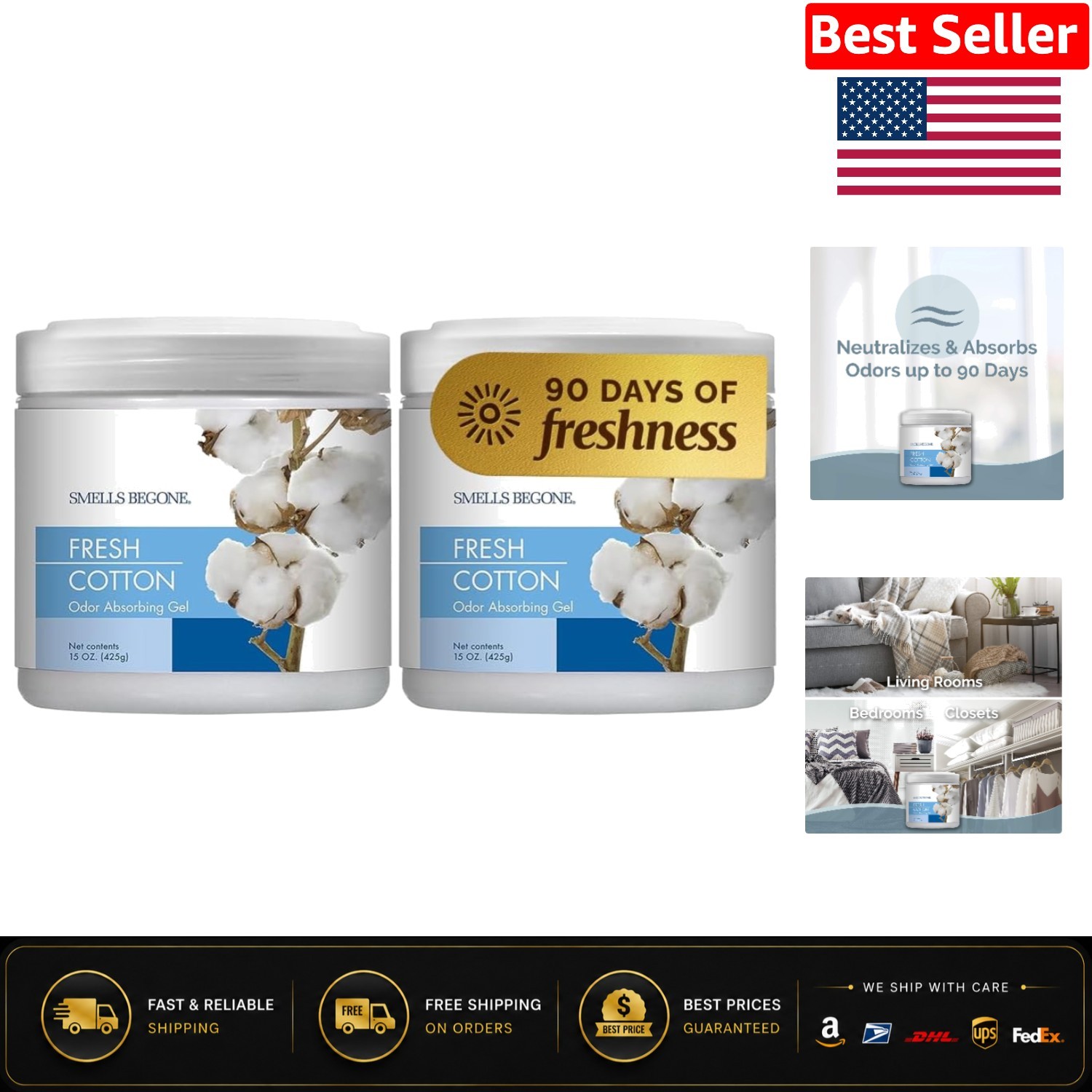 15oz Gel Odor Eliminator – Fresh Cotton, 90 Days of Tough Odor Control – 2-Pack