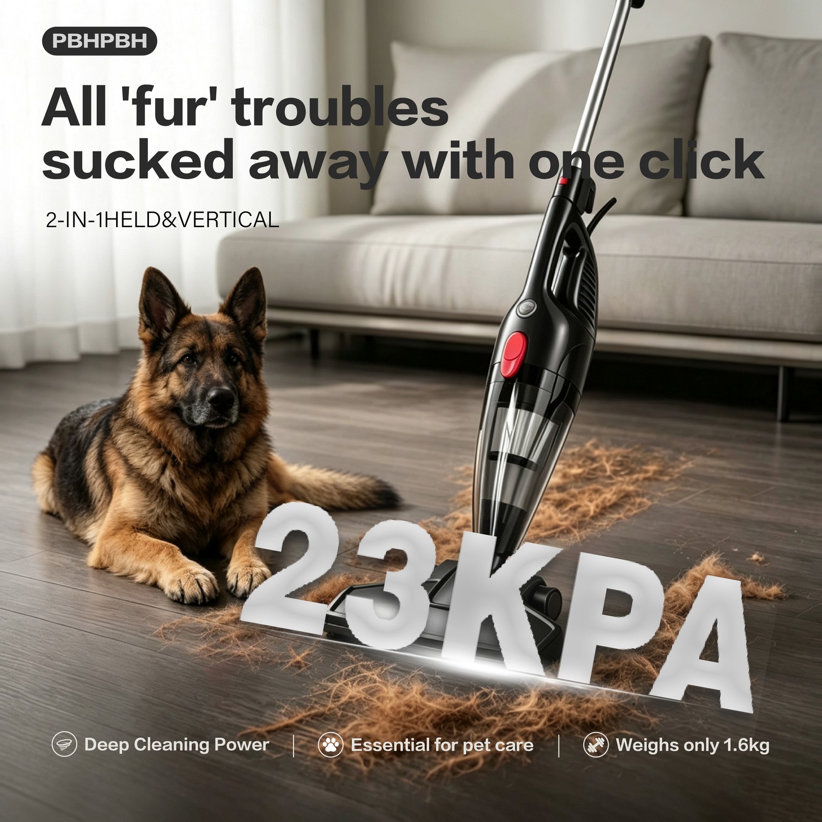 PBHPBH corded vacuum cleaner, 23KPa strong suction, 600W motor, portable vacuum