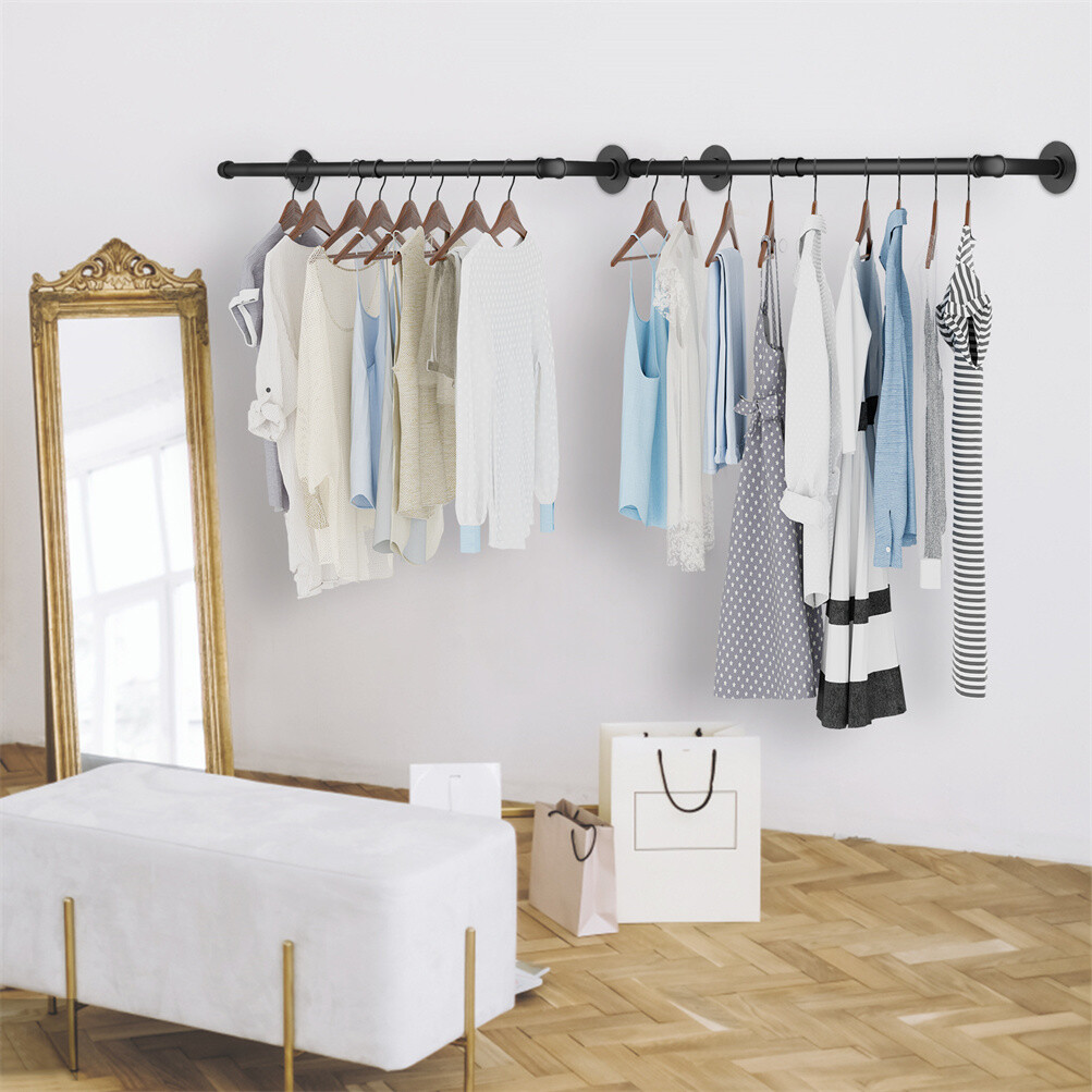 2X Wall Mounted Clothes Rack Industrial Pipe Clothes Hanging Bar Space Saving
