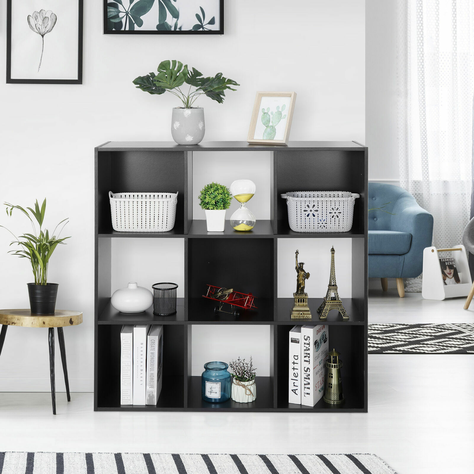 3 Tier 9-Cube Wooden Organizer Storage Cabinet Bookcase Shelving W/Back Panels