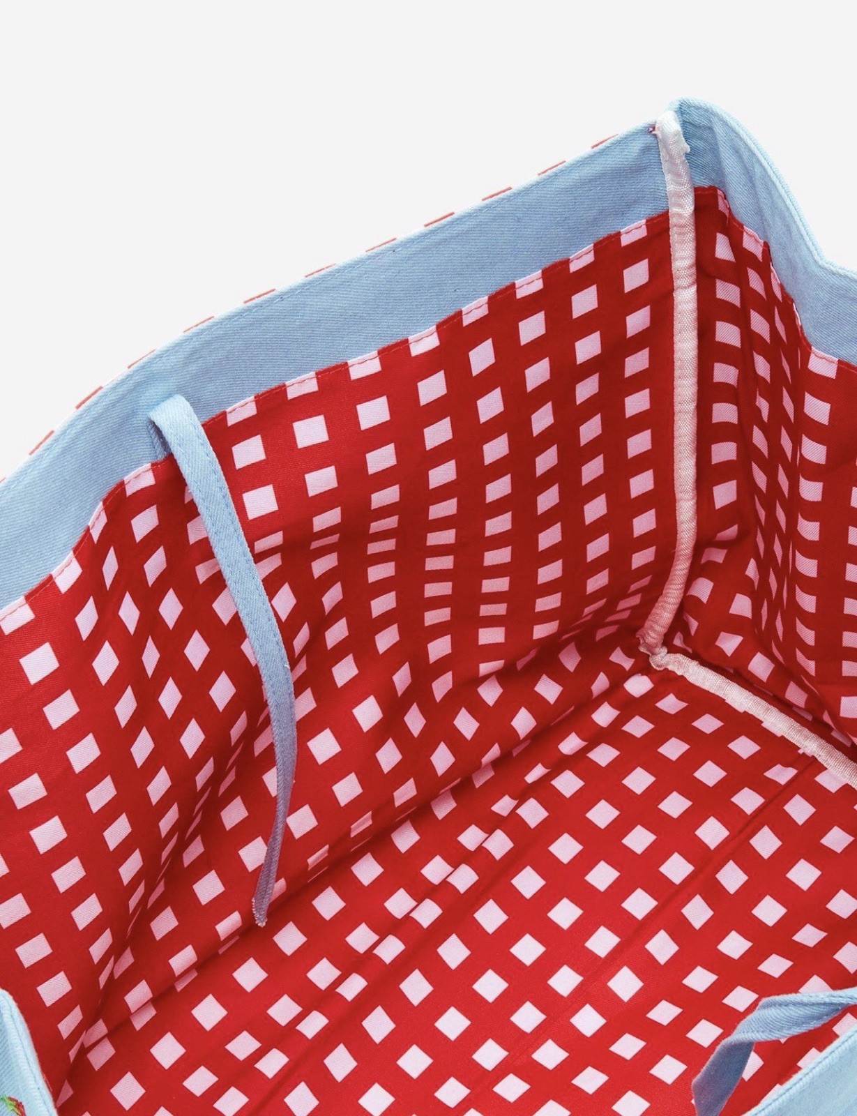 Blue/Red Strawberry All-Over Print Nylon Tote Bag, Red Handles, 12x12x12