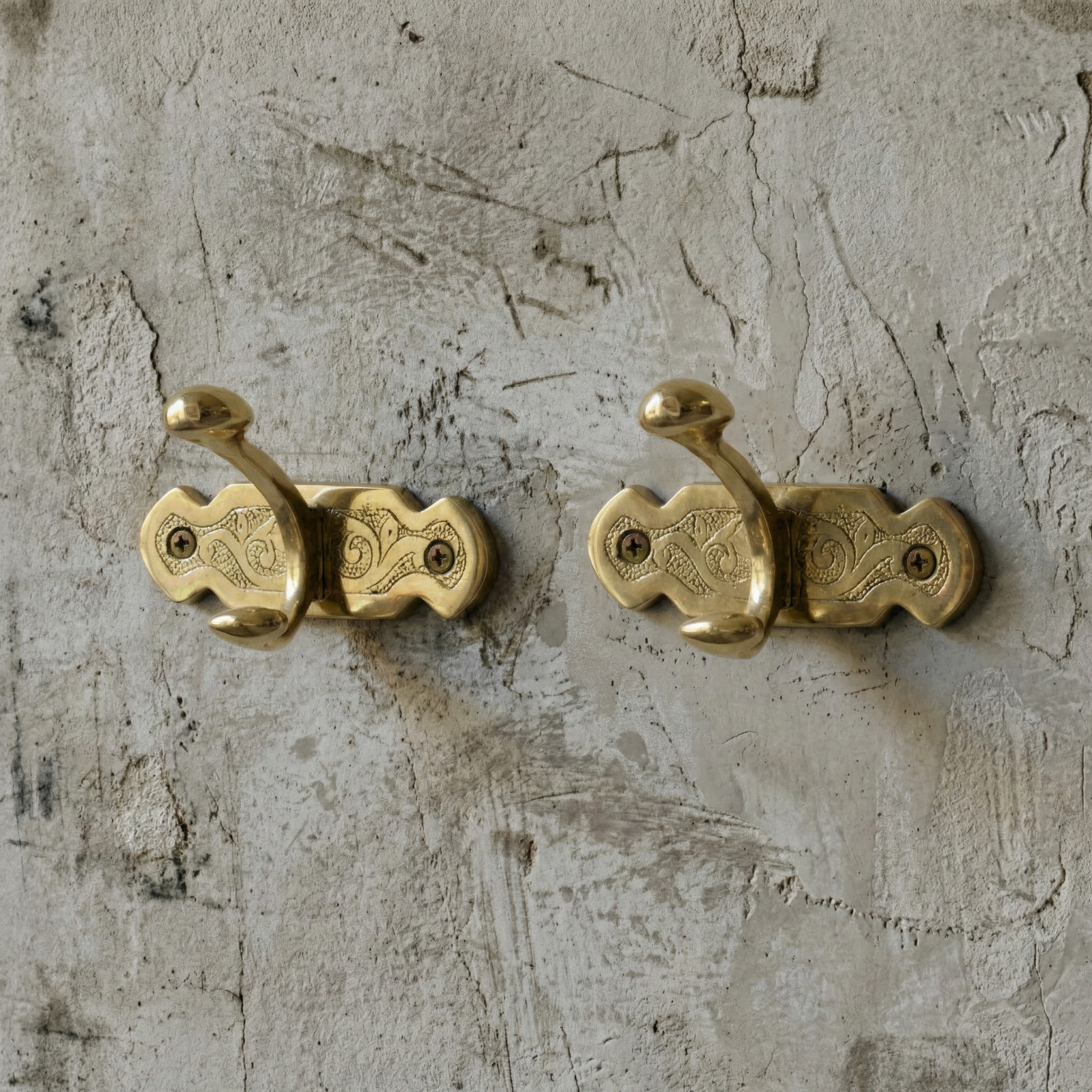 Unlacquered Solid Brass Antique Engraved Double Wall Hook