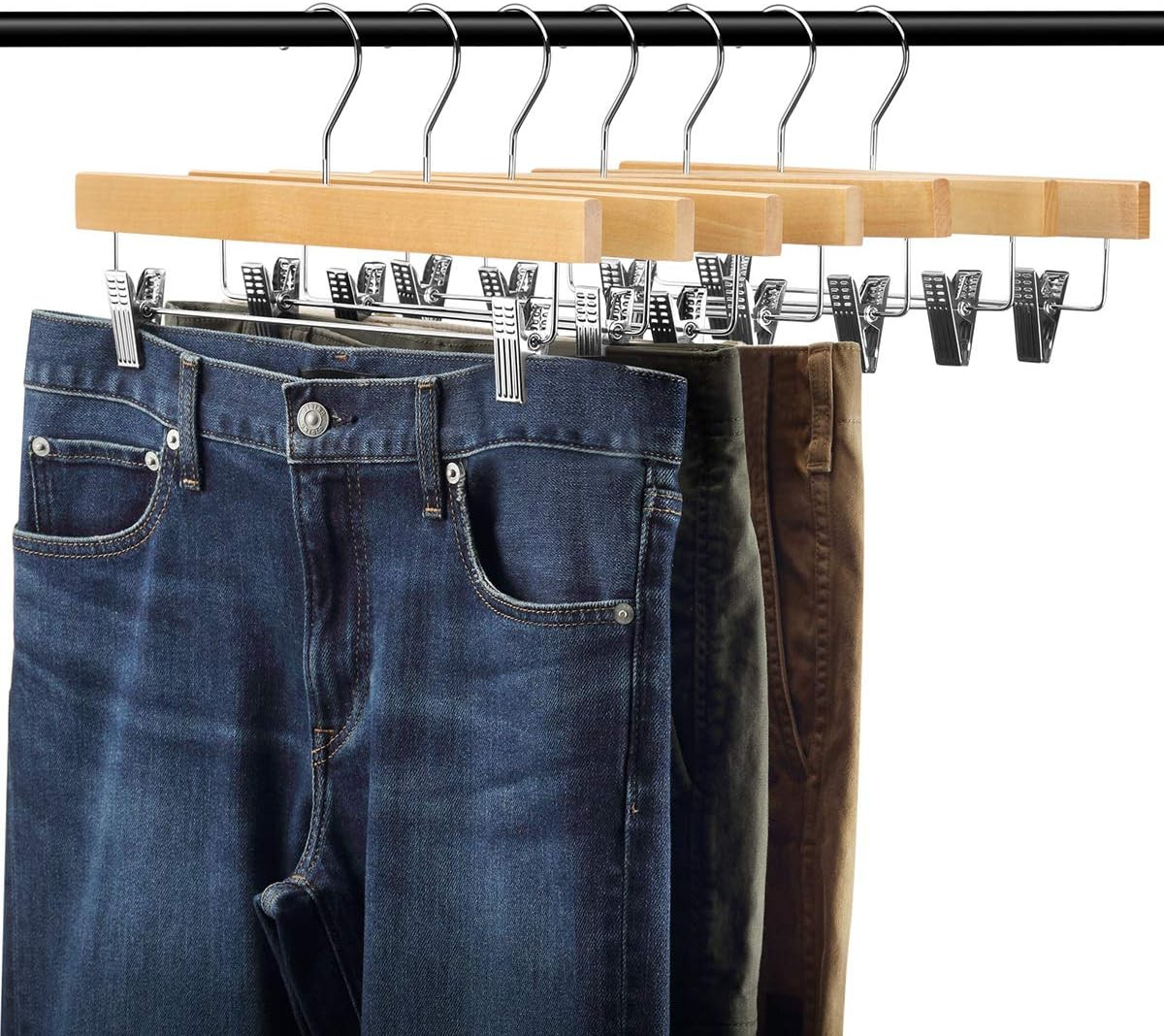 20Pcs Wooden Pants Hangers Solid Pants Hanger with Adjustable Clips 14 Inch Natu