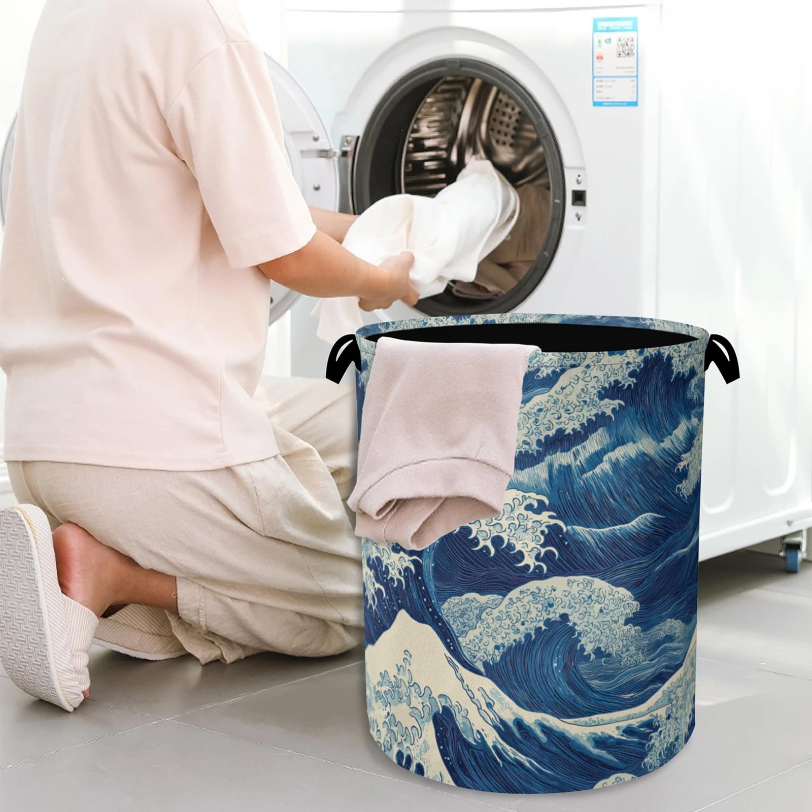 Ocean Wave Laundry Basket,Japanese Foldable Oxford Cloth Tote Bag Laundry Ham…