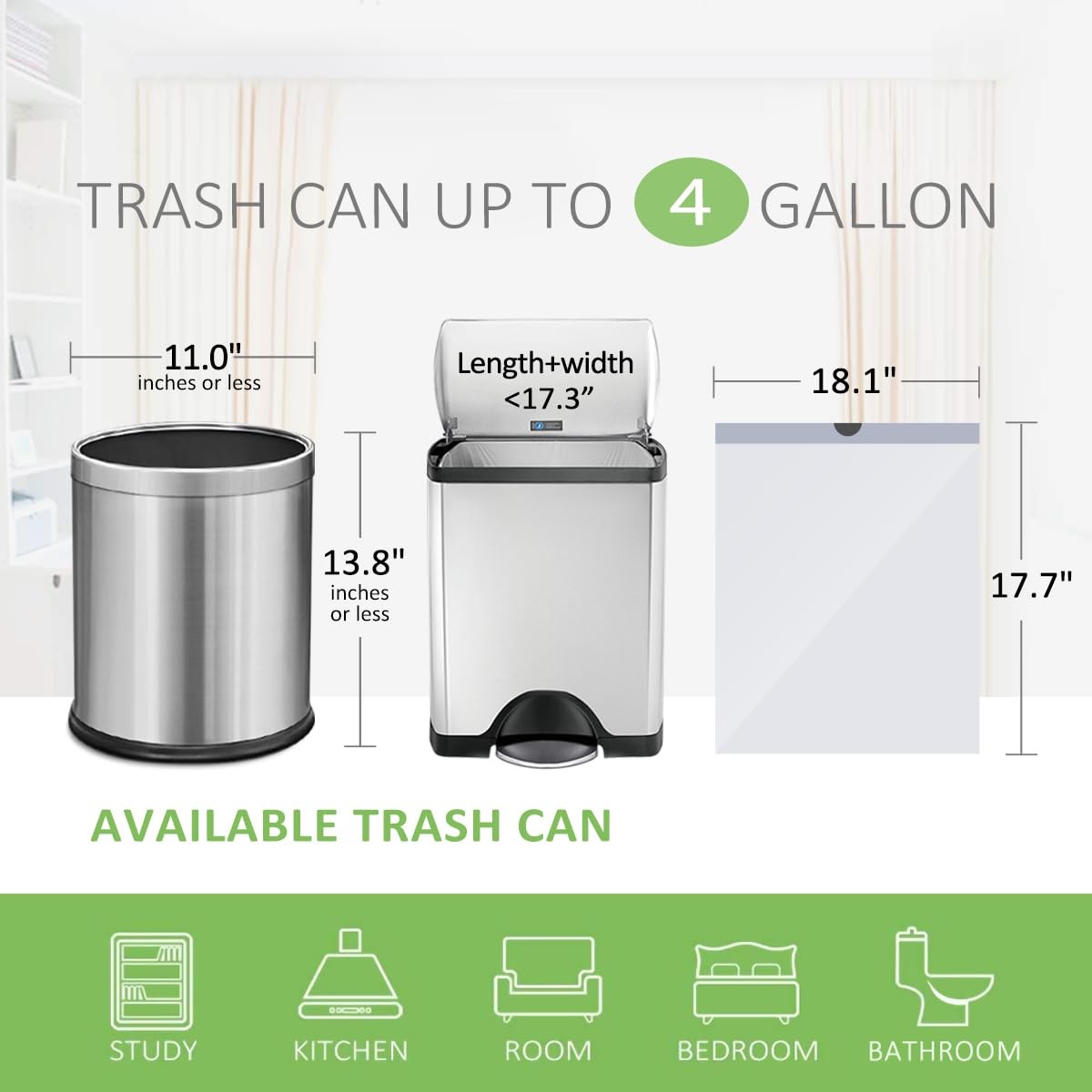 4 Gallon 72 Counts Strong Drawstring Trash Bags 1 Count (Pack of 72), White