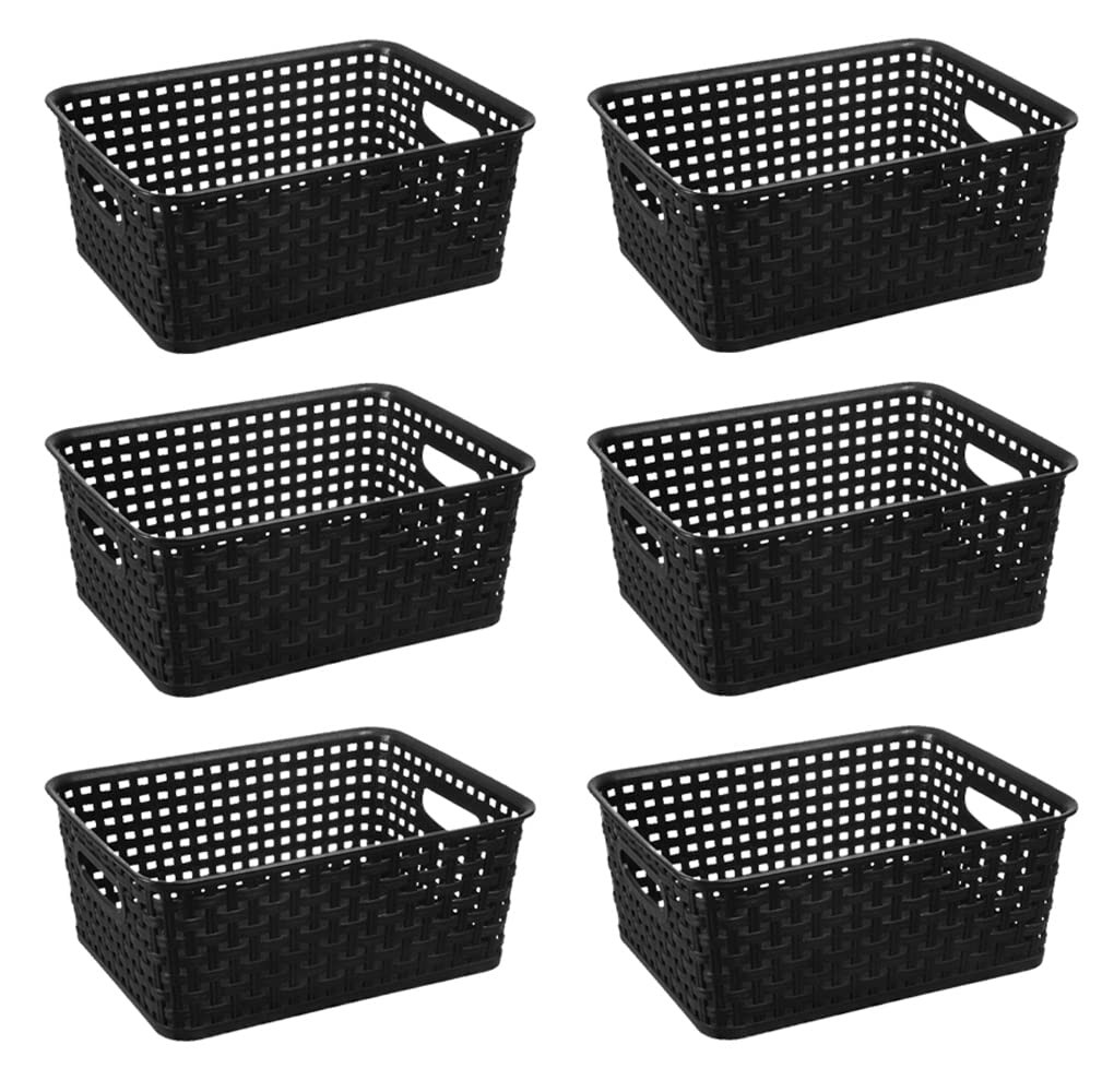 6 Pack Black Plastic Woven Storage Baskets Weave Organizer Kitchen Office Box