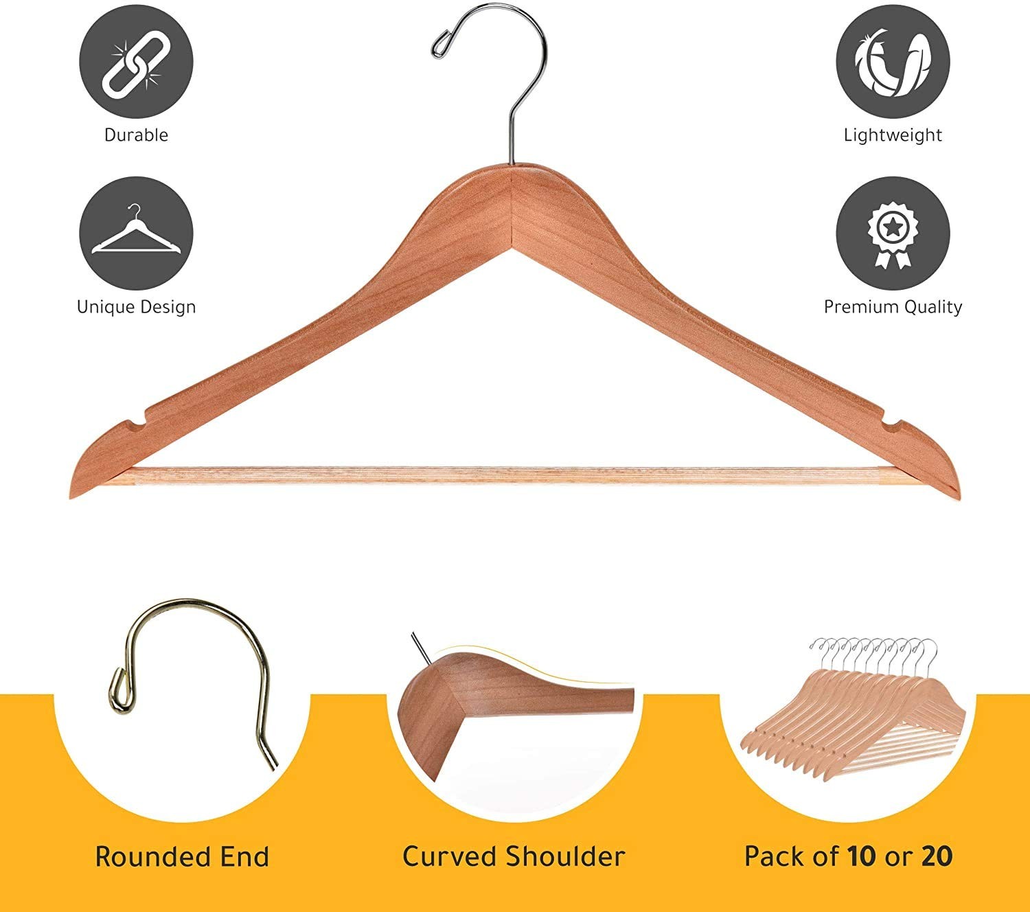 Quality Wooden Hangers – Slightly Curved Hanger Set – 17.5 inch, Natural