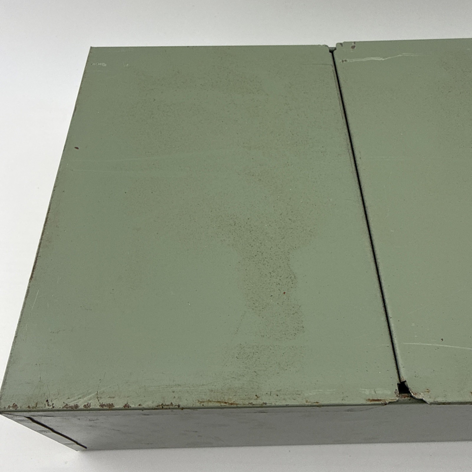 Vintage X-10 Light Green Metal Storage Box 21.5x10x5 Slide Lid