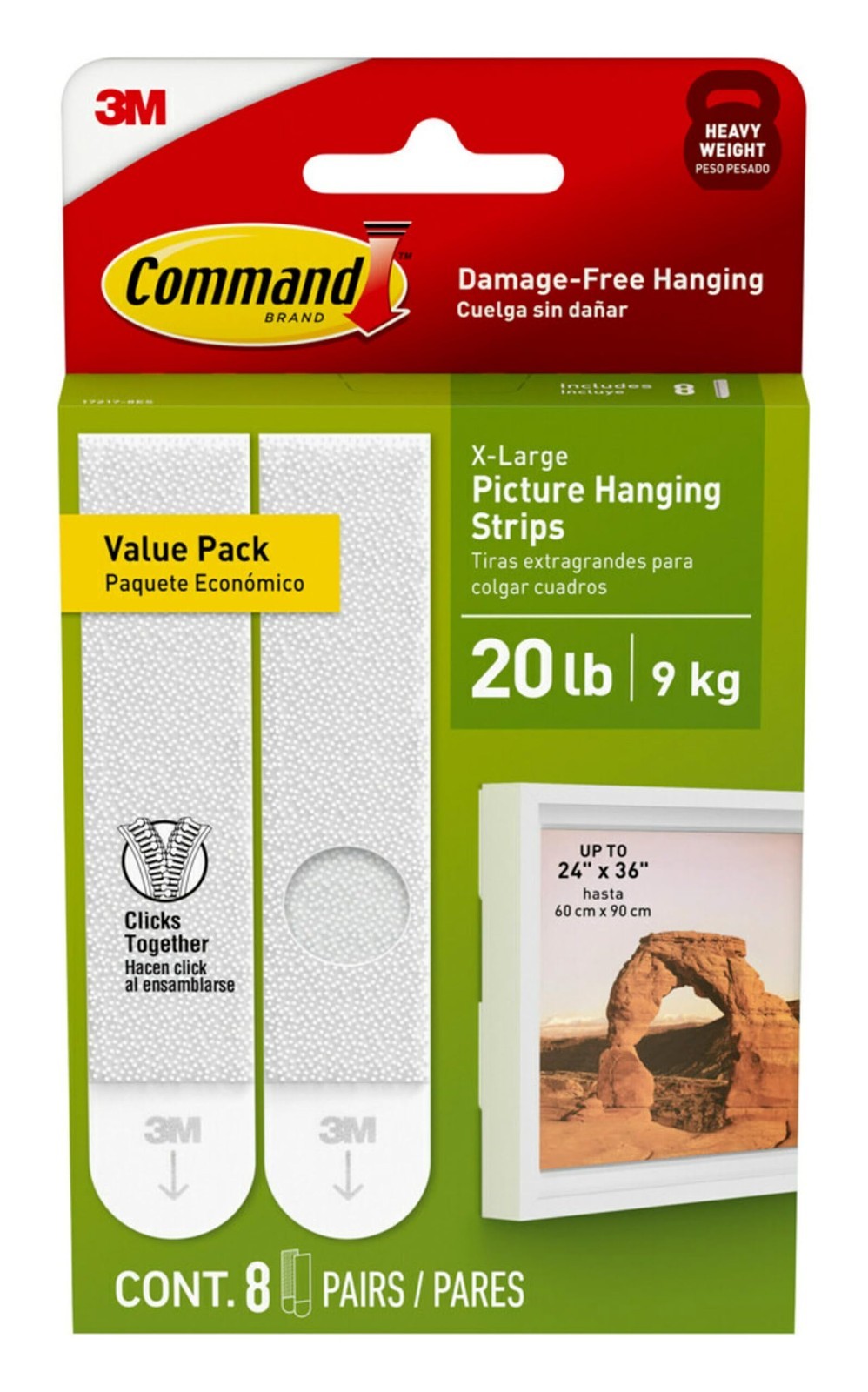 Command 20 lb XL 8 Pairs Heavyweight Picture Hanging Strips (16 Strips) Damage