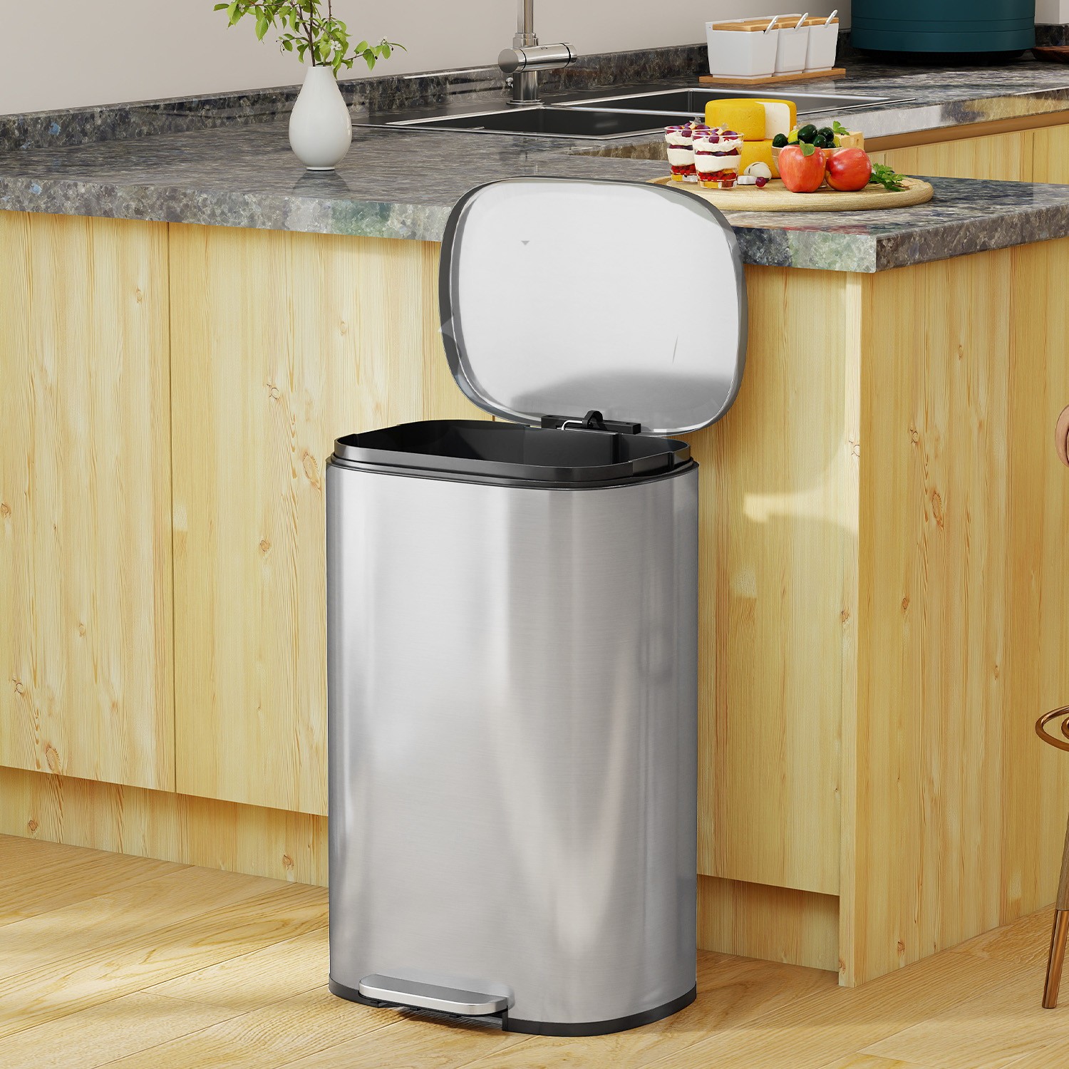 13 Gallon/50 Liter Trash Can with Lid Step, Fingerprint-Proof Kitchen Trash Bin