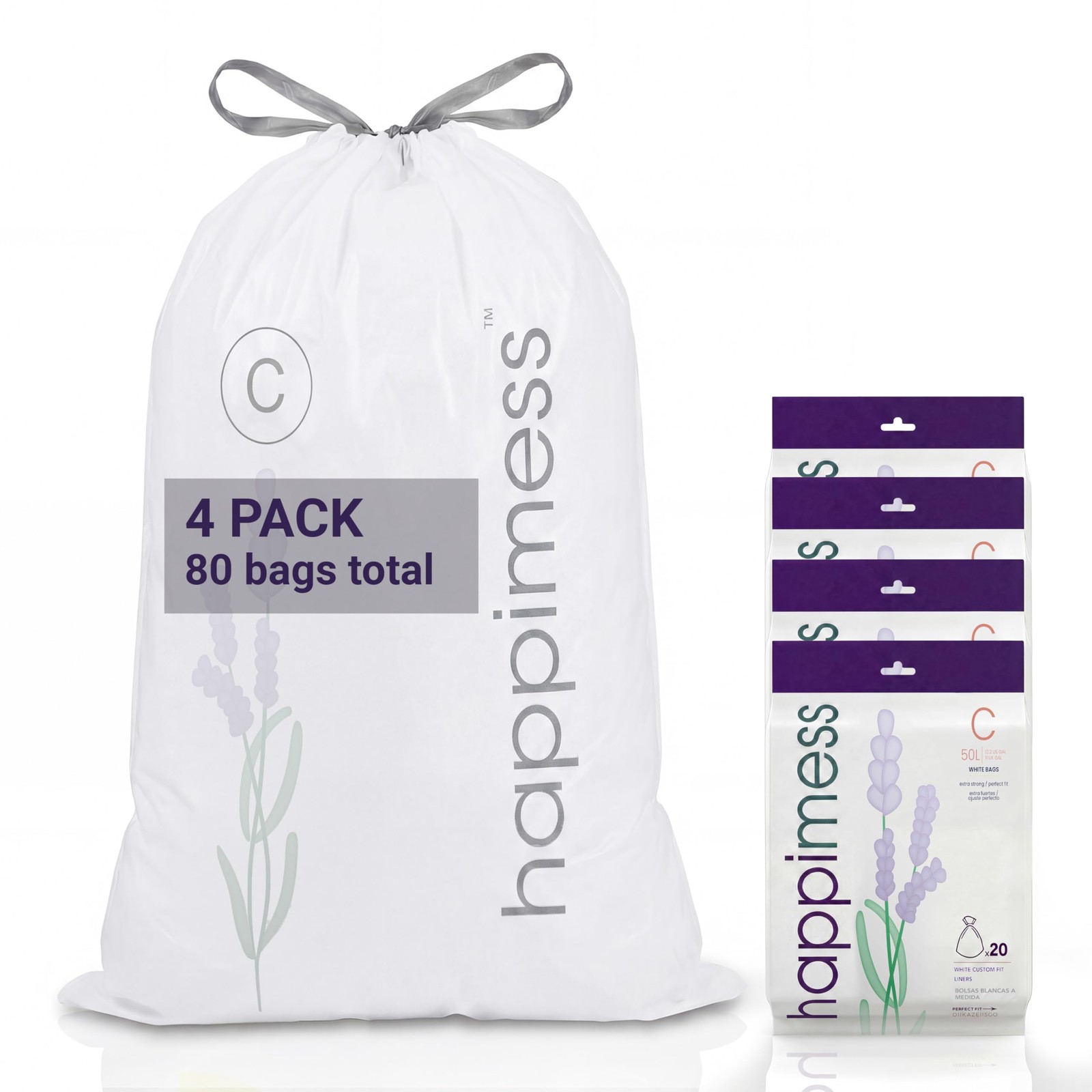 13.2 Gallon (50L) Drawstring Trash Bags, Lavender Scent, White, Heavy Duty MD…