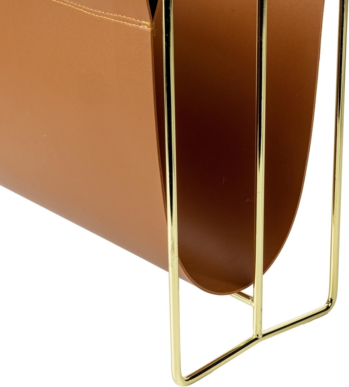 15 inch Caramel Leatherette Magazine Holder, Floor Standing Sling Style Rack