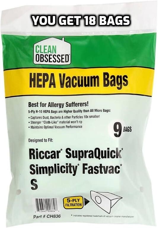 Riccar SupraQuik / Simplicity Fastvac Type S 6 Hepa Cloth Vacuum Bags 18 Pack