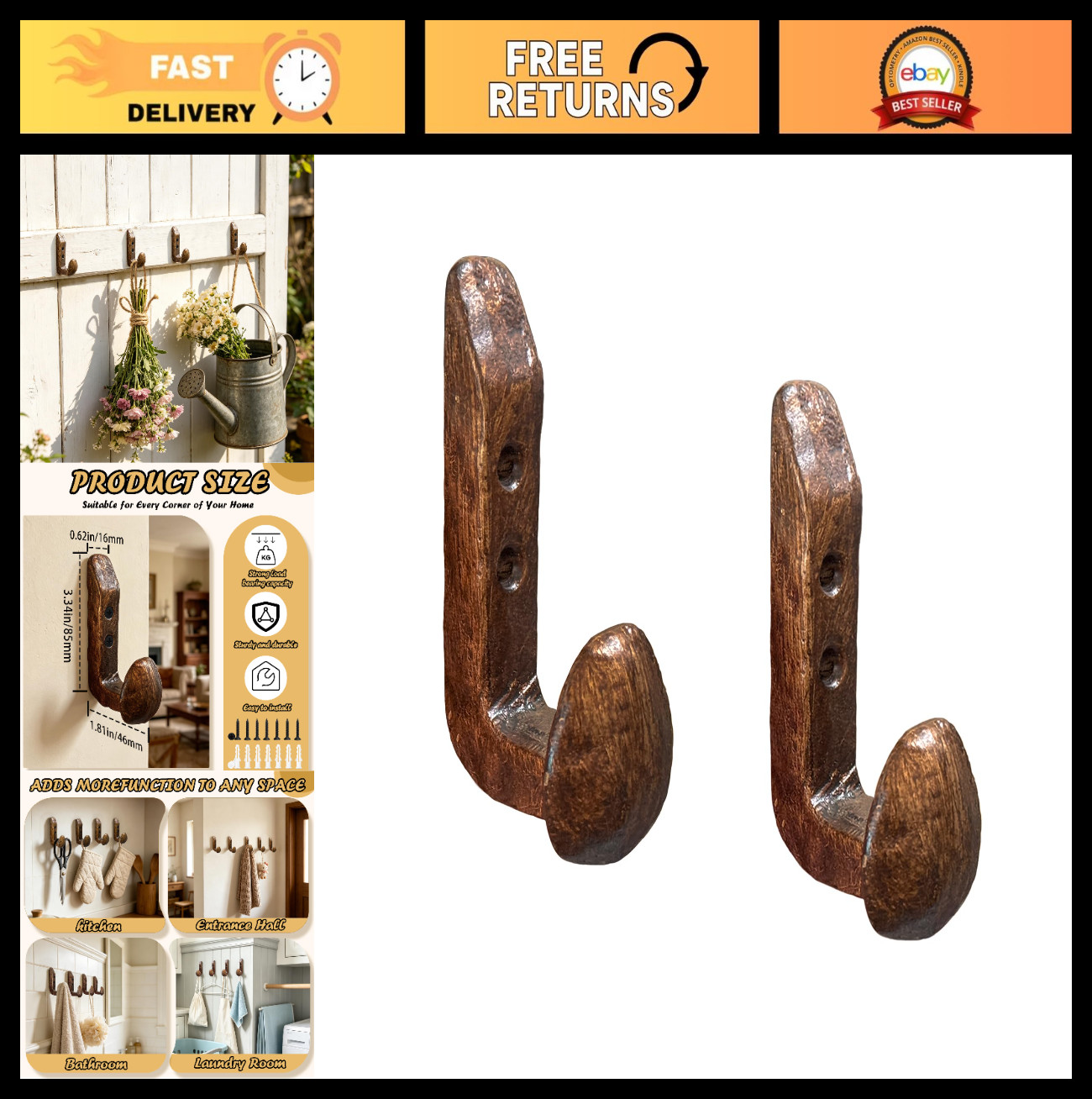 2PC Heavy Duty Cast Iron Railroad Spike Hooks – Rustic Antique Copper Wall Mount