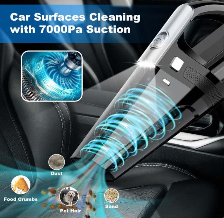 Aspiradora para Coche 7000Pa 12V con Cable 5 m, Luz LED y Bolsa de Transporte