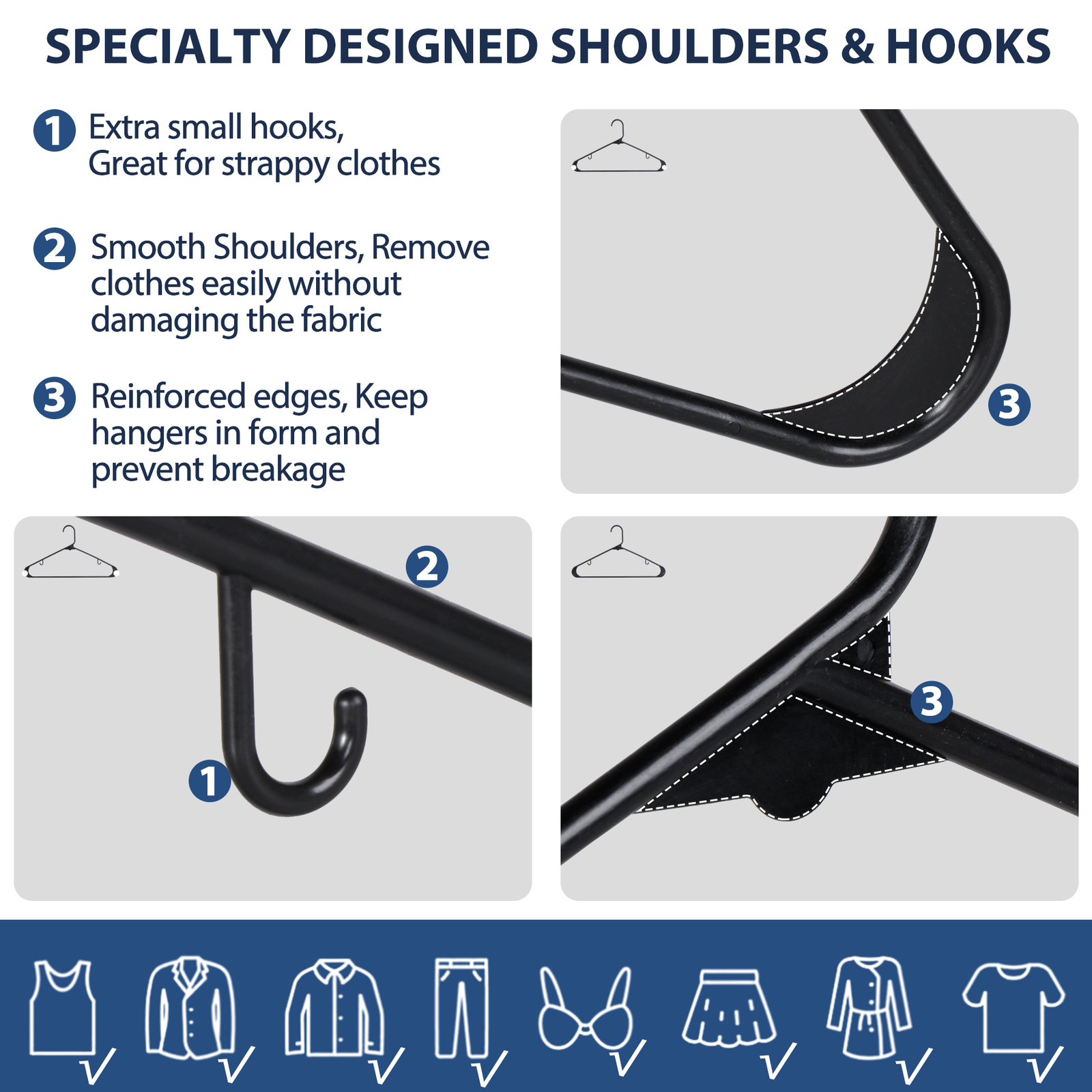 100 Pack Black Plastic Hangers Standard Thick Clothes Hangers with Double Hooks