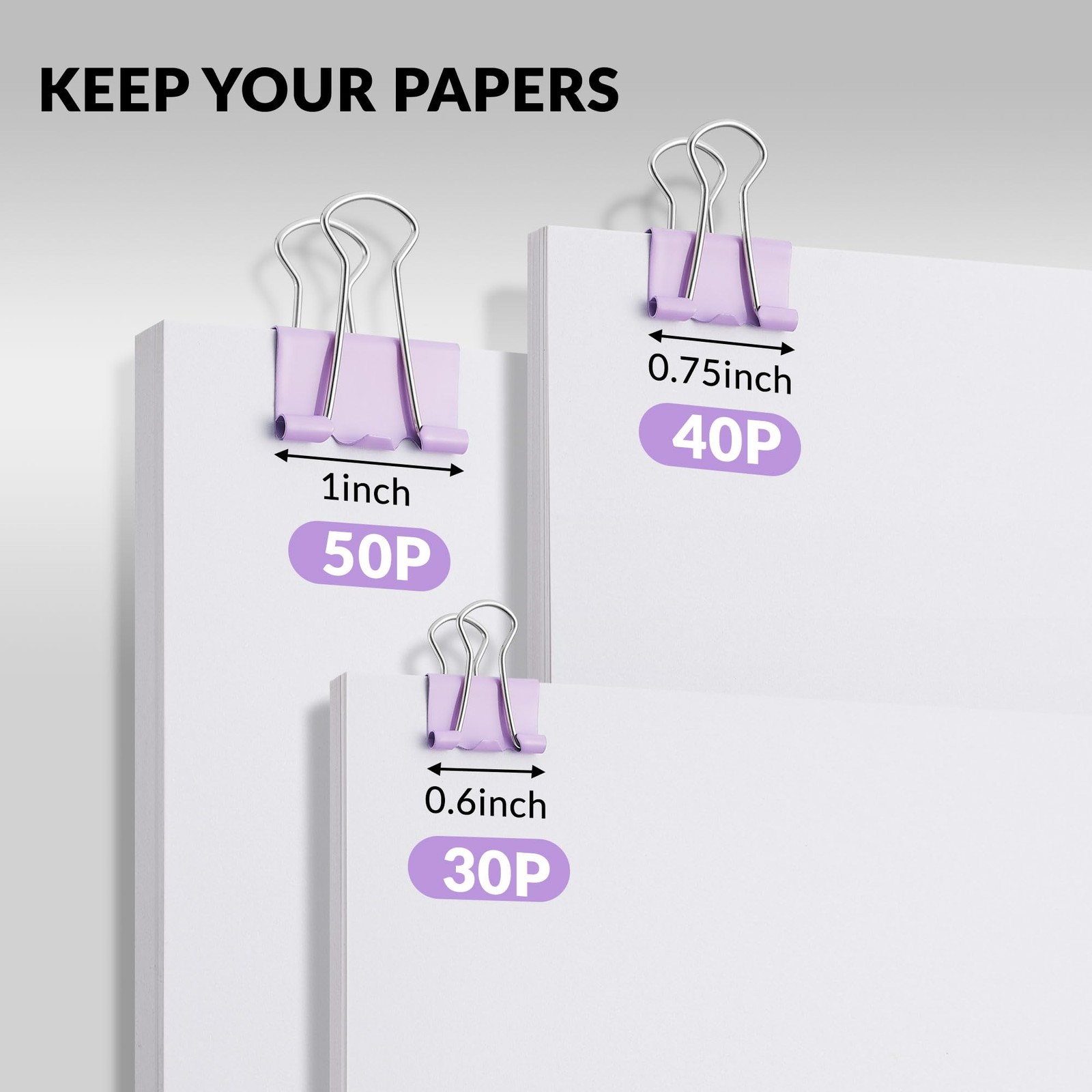 NEEWAY 100 Count Binder Clips Assorted 0.6inch, 0.75inch, 1inch, Purple