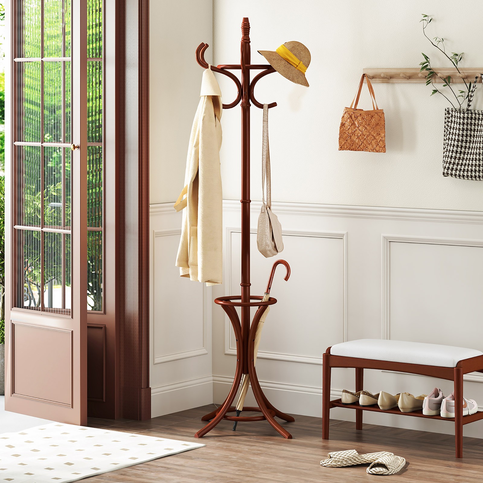 Wood Standing Hat Coat Rack Jacket Bag Hanger Tree 12 Hooks Reddish Brown w/
