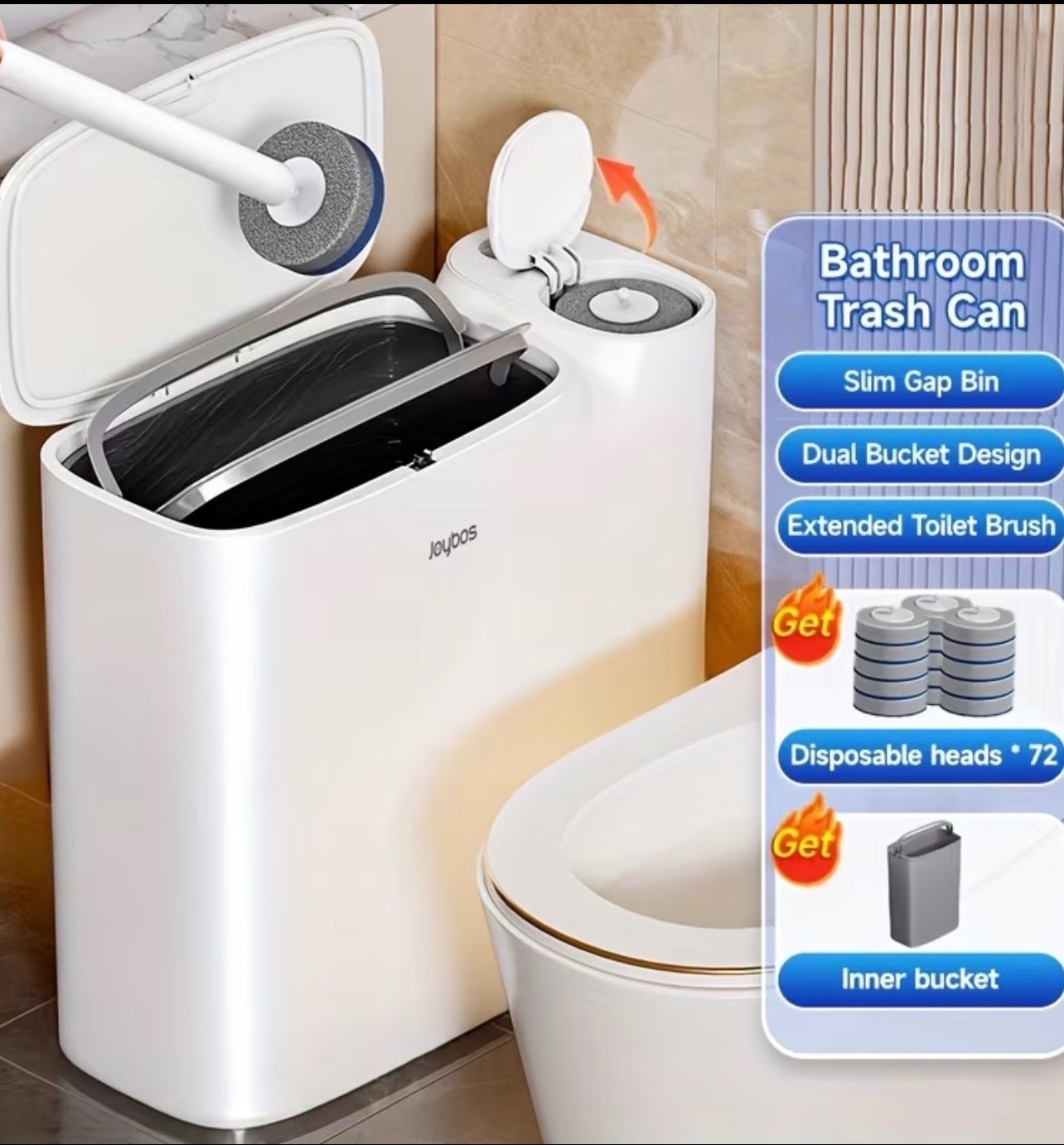 2-in-1 Trash Can & Toilet Brush With Lid & Disposable Brush Heads Bathroom Bin