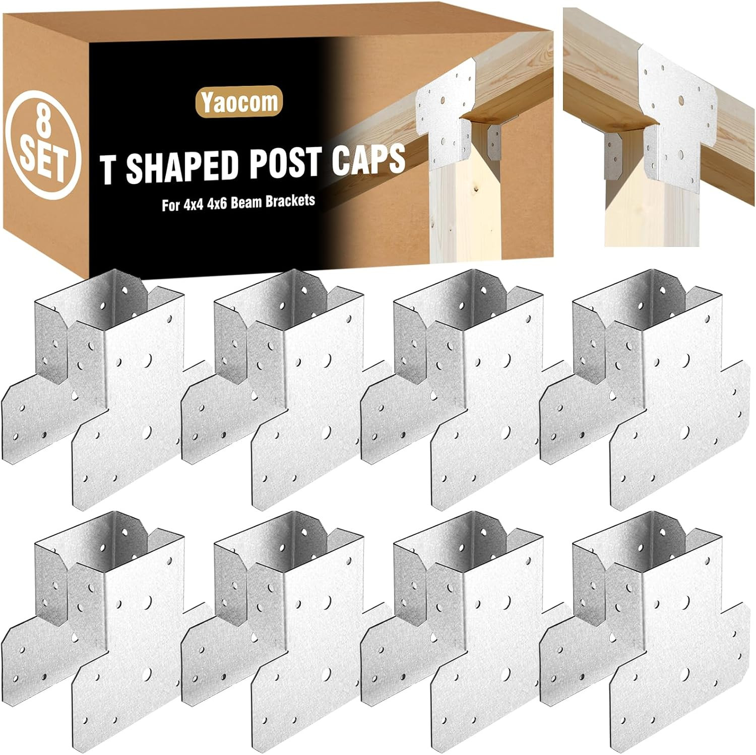 4 Set T-Shaped Post Caps & Beam Brackets, Adjustable 4X4 & 4X6 Connectors, Galva