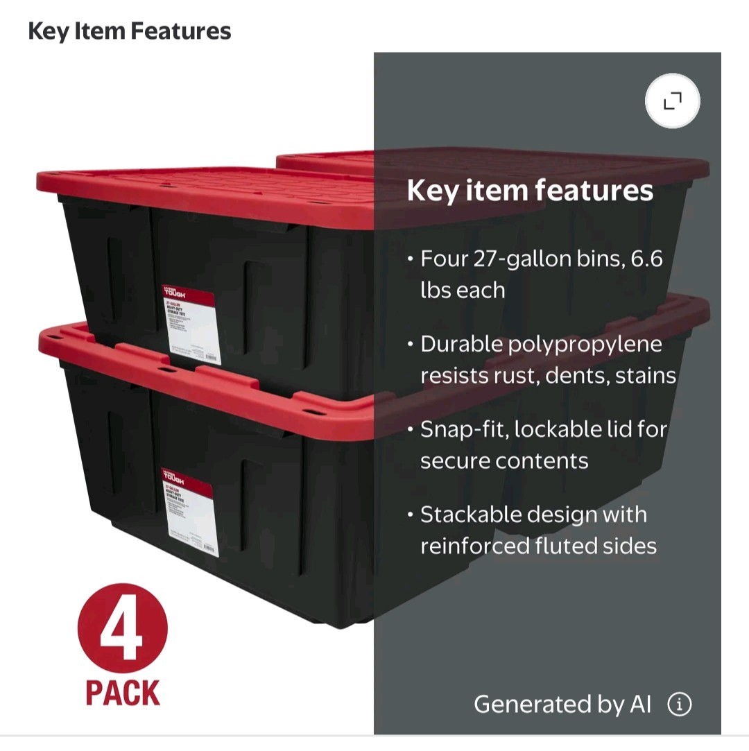 (Pack of 4) Hyper Tough 27 Gallon Large Storage Bin with Snap Lid, Black and Red