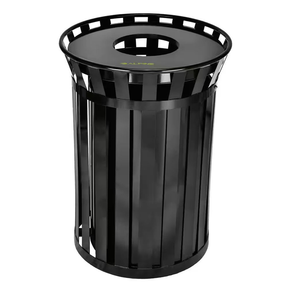 Alpine Industries Trash Can Receptacle W/ Liner Metal Slatted 38 Gal Black NEW