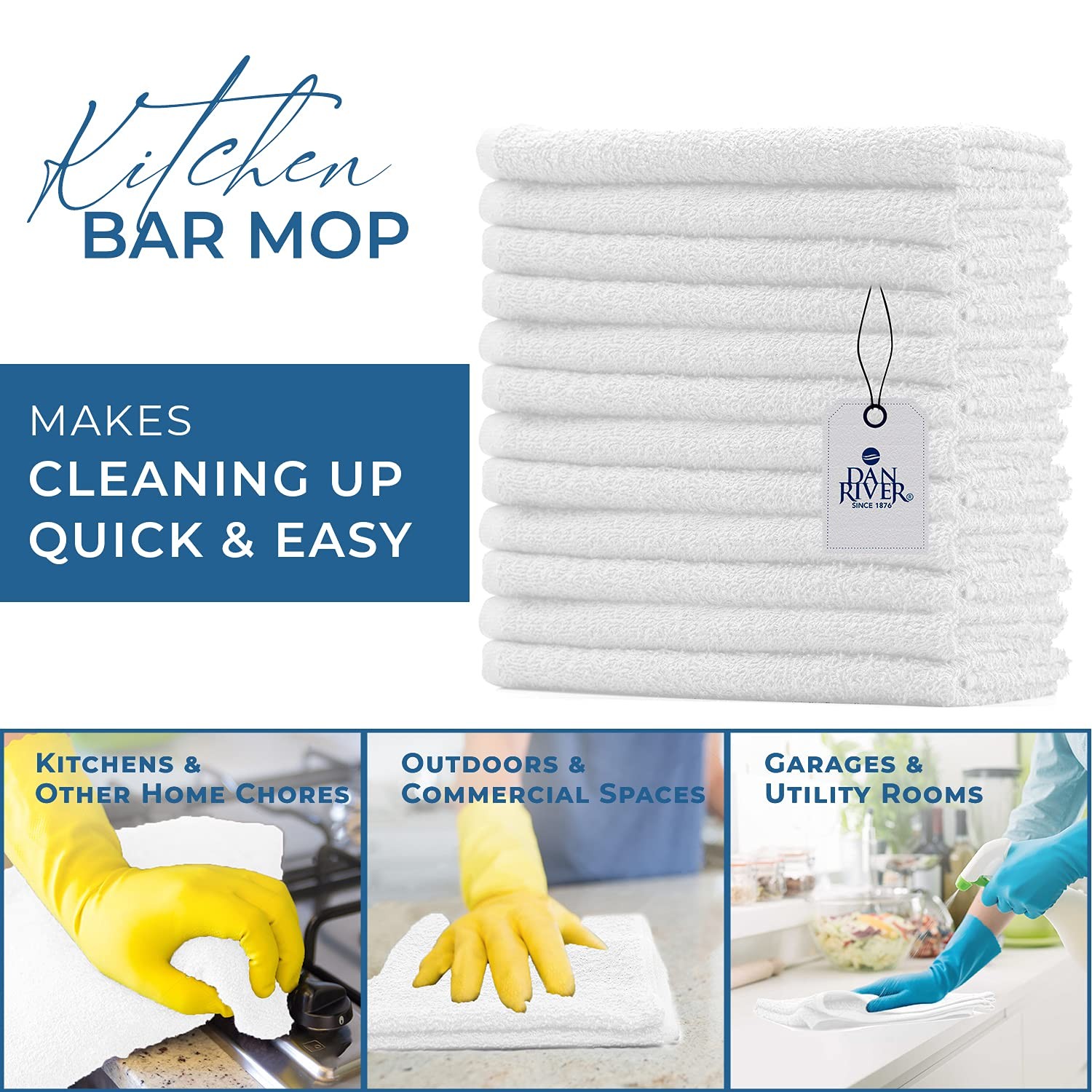 100% Cotton Bar Mop Kitchen Towels, 16×19 inches, Pack of 12, 350 GSM, White …