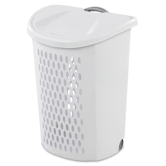 Wheeled Laundry Hamper White Plastic Basket Handle Rolling Storage