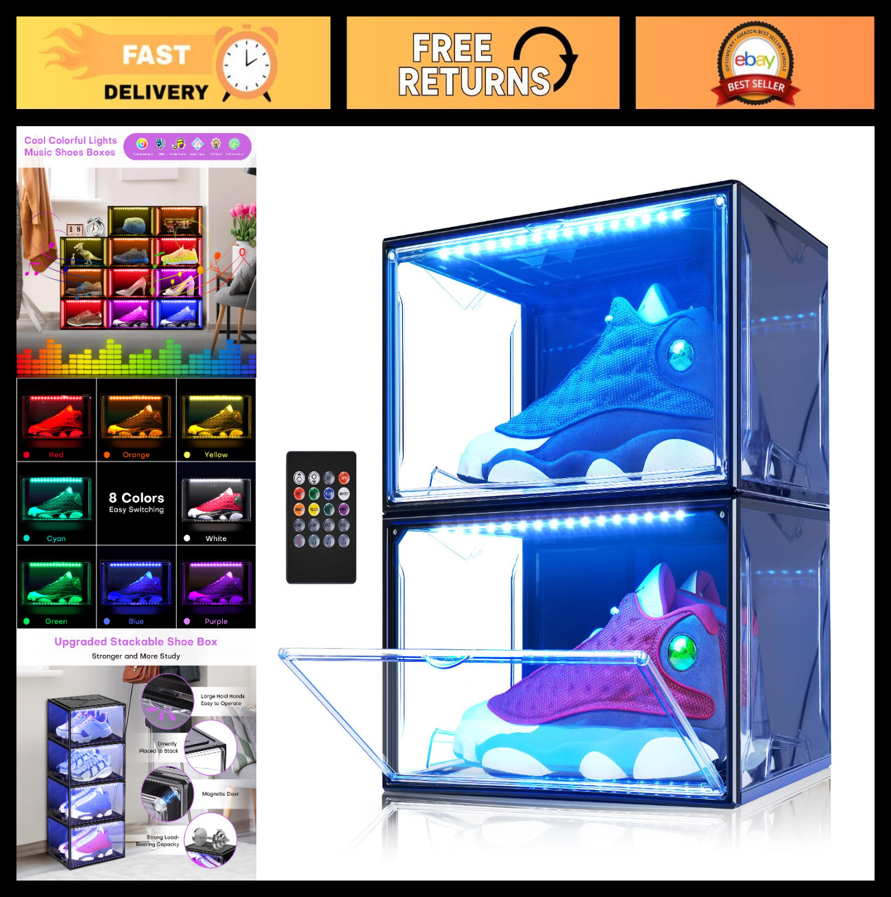 LED Smart Shoe Display Boxes, Stackable Storage Organizers, Clear Case for Sneak