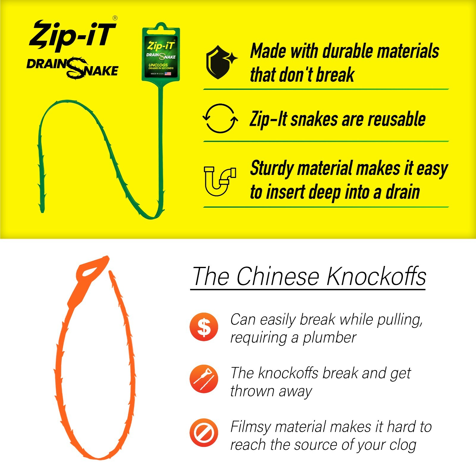 ZIP-IT (12 PACK) Clog Removal Drain Snake Cleaner Unclog Your Sink, 25 inch Lg