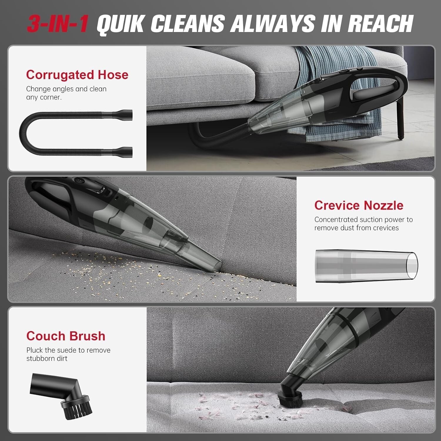 Handheld Vacuum Cordless Rechargeable, 1.65lbs, LED USB Charge, for Car/Home/Pet