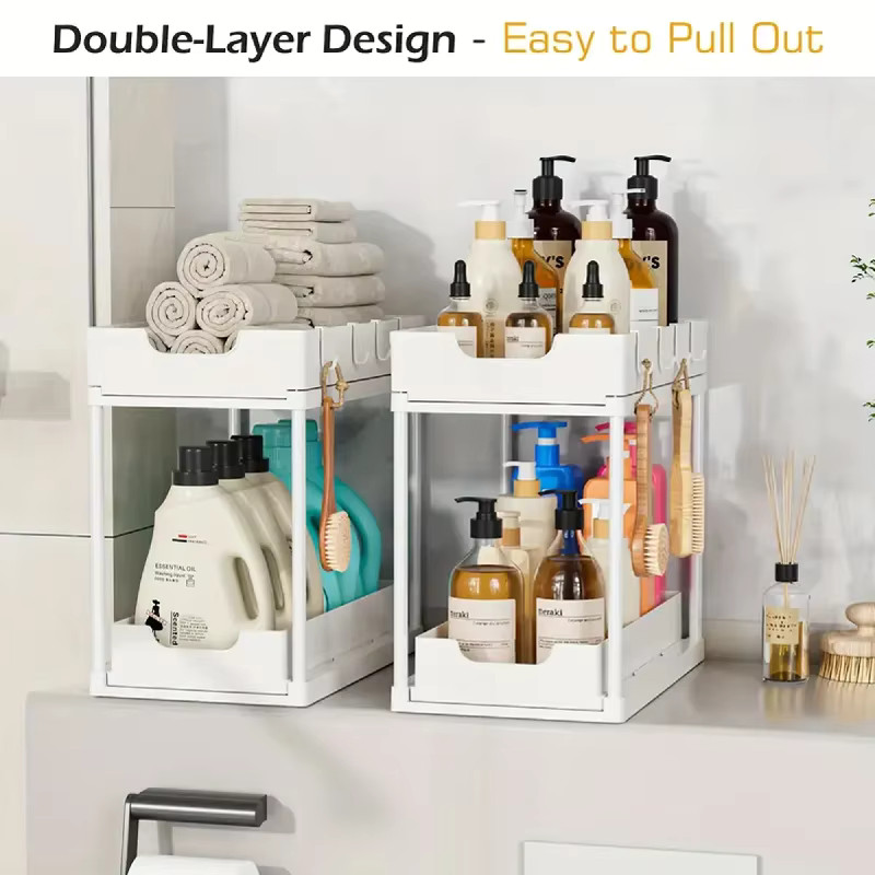 2 Tier Under Sink Organizer Storage Rack Bathroom Kitchen Sliding Shelf Cabinet