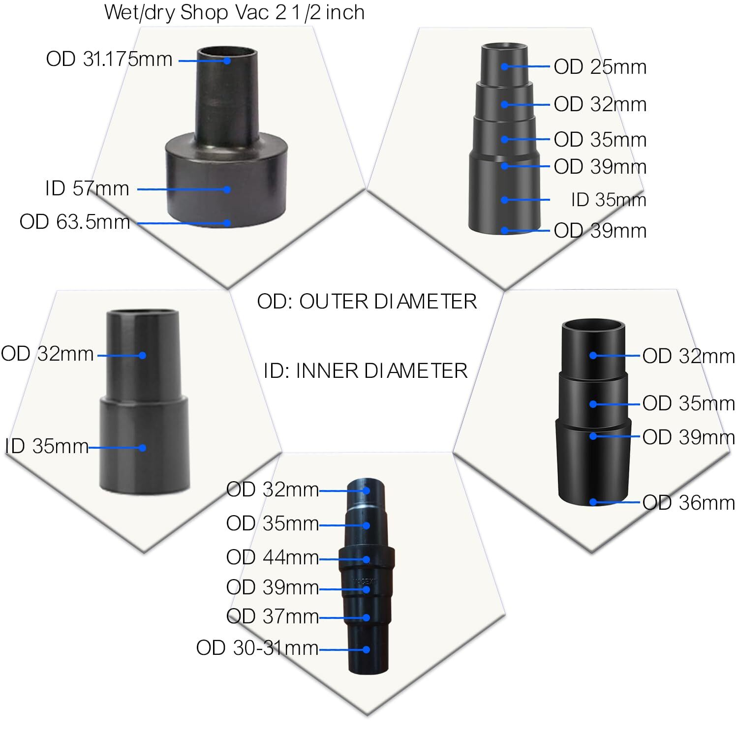 Universal Vacuum Hose Adapter Kit Reducer Attachment Set Converter From 1 1/2 In