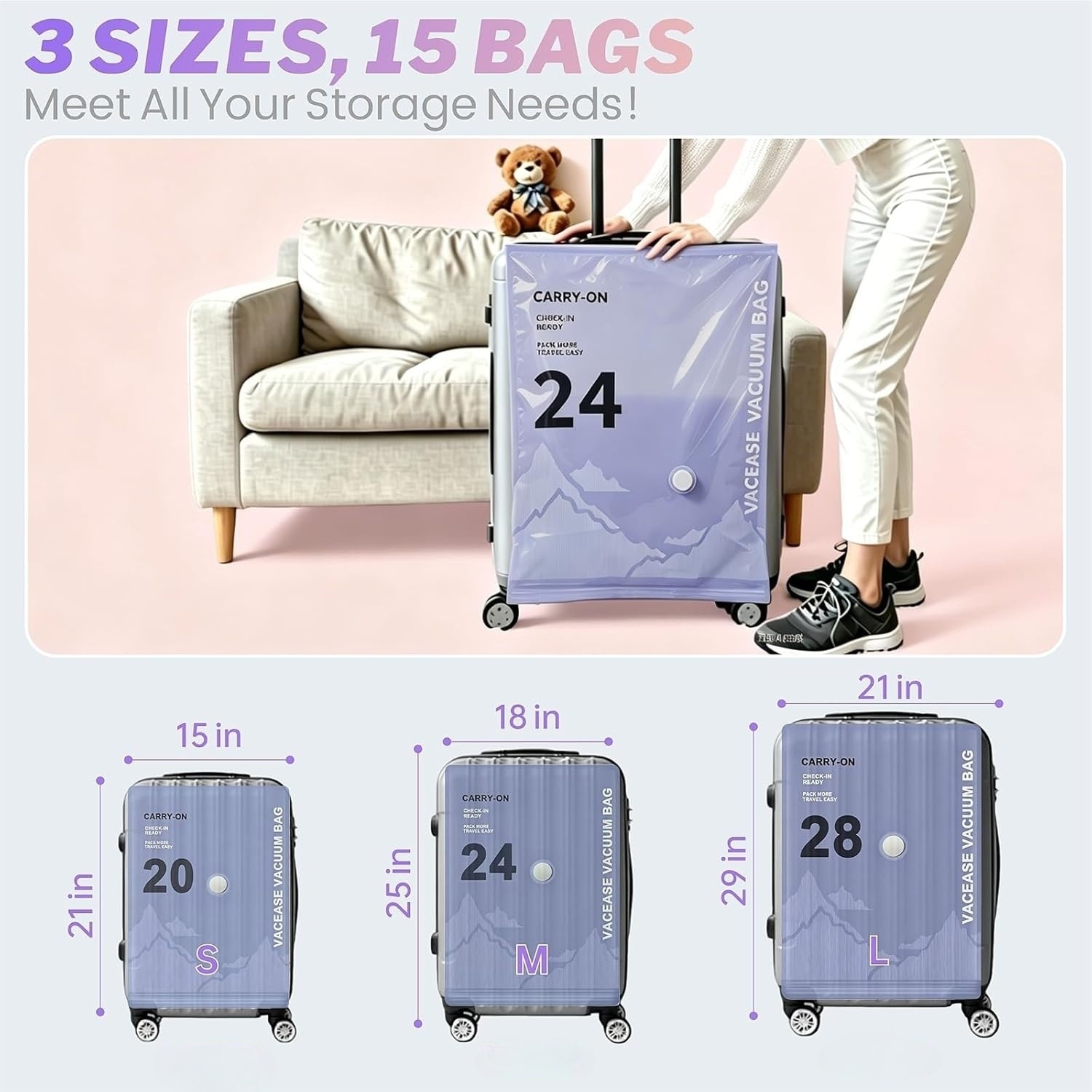 15 Pack Vacuum Storage Bags PA+PE Travel Clothes Organizer Rechargeable Pump Set