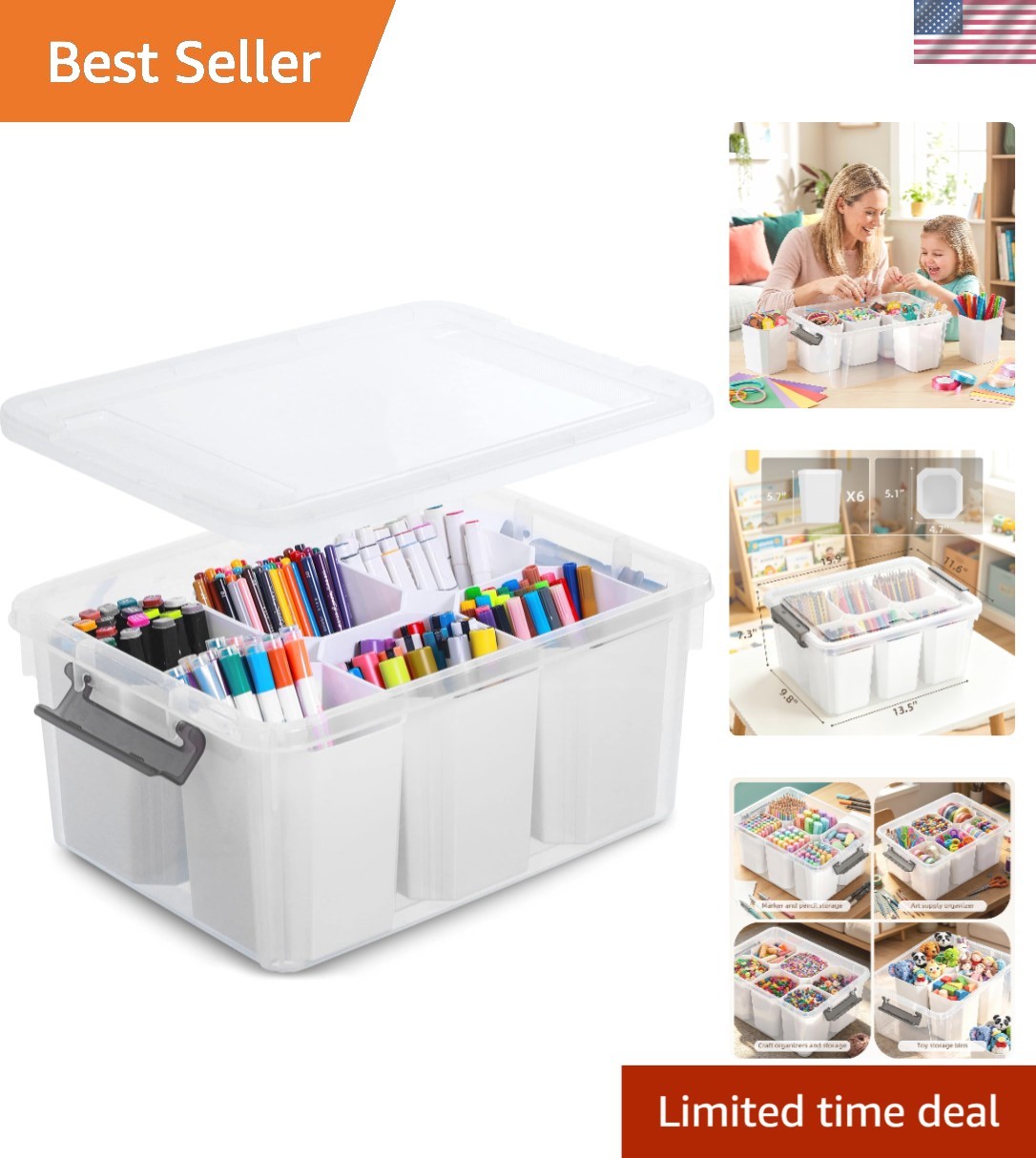 Multipurpose 17 QT Clear Storage Bin with Detachable Inserts & Lift-Off Lid