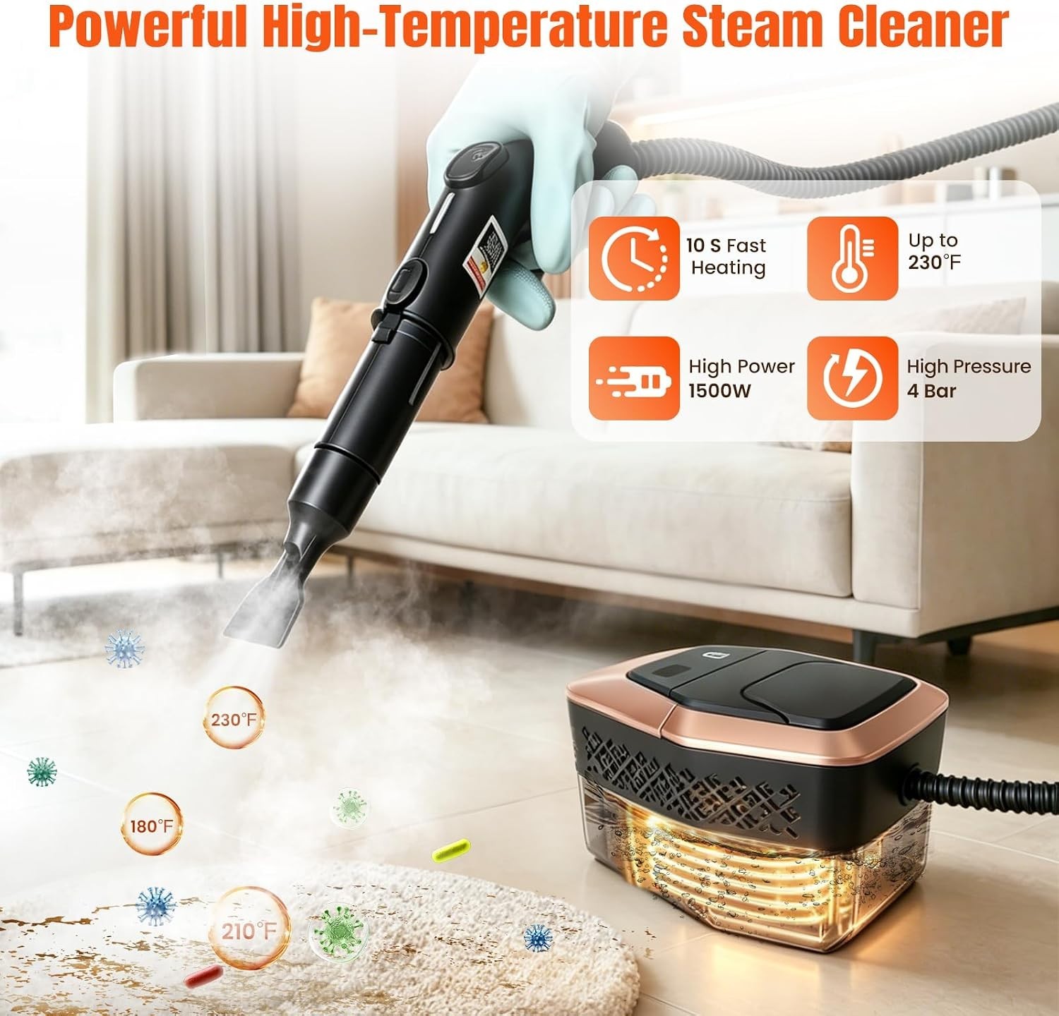 Steam Cleaner for Home & Car, 3-Level Adjustable Steamer for Cleaning, 15s He…