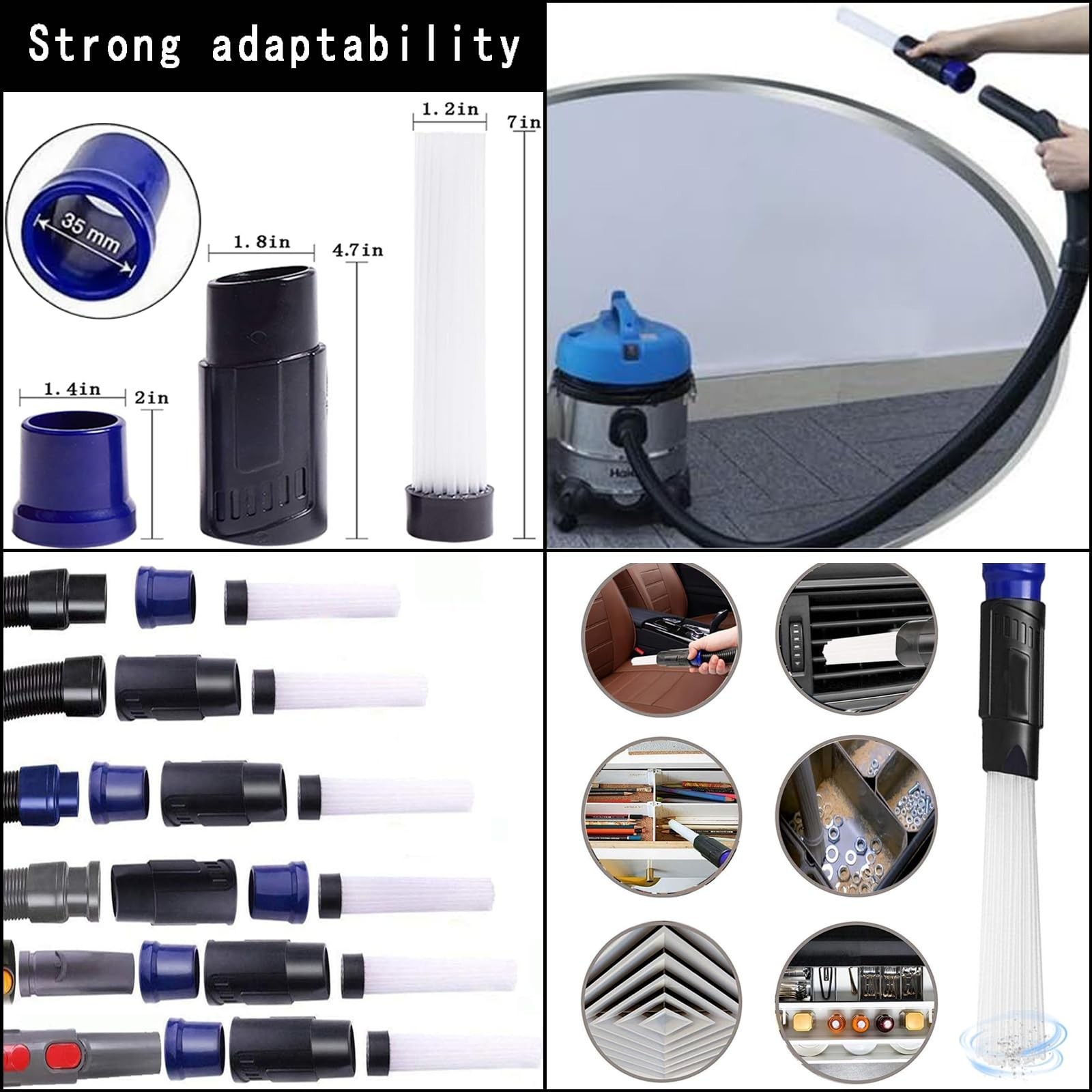 12Pcs Universal Vacuum Attachments Set – Wet Dry Hose Adapters, Hair Brush & Cre