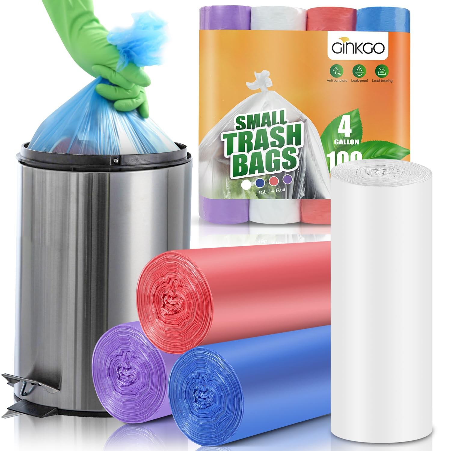 Small Trash Bags 4 Gallon Bathroom Garbage Bags – 100 Count, 4 Colors, Clear …