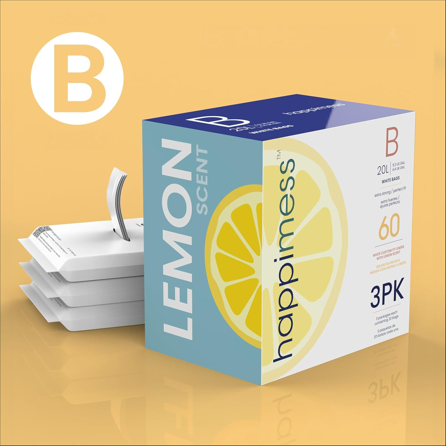 5.3 Gallon (20L) Drawstring Trash Bags, Lemon Scent, White, Heavy Duty MDPE Line