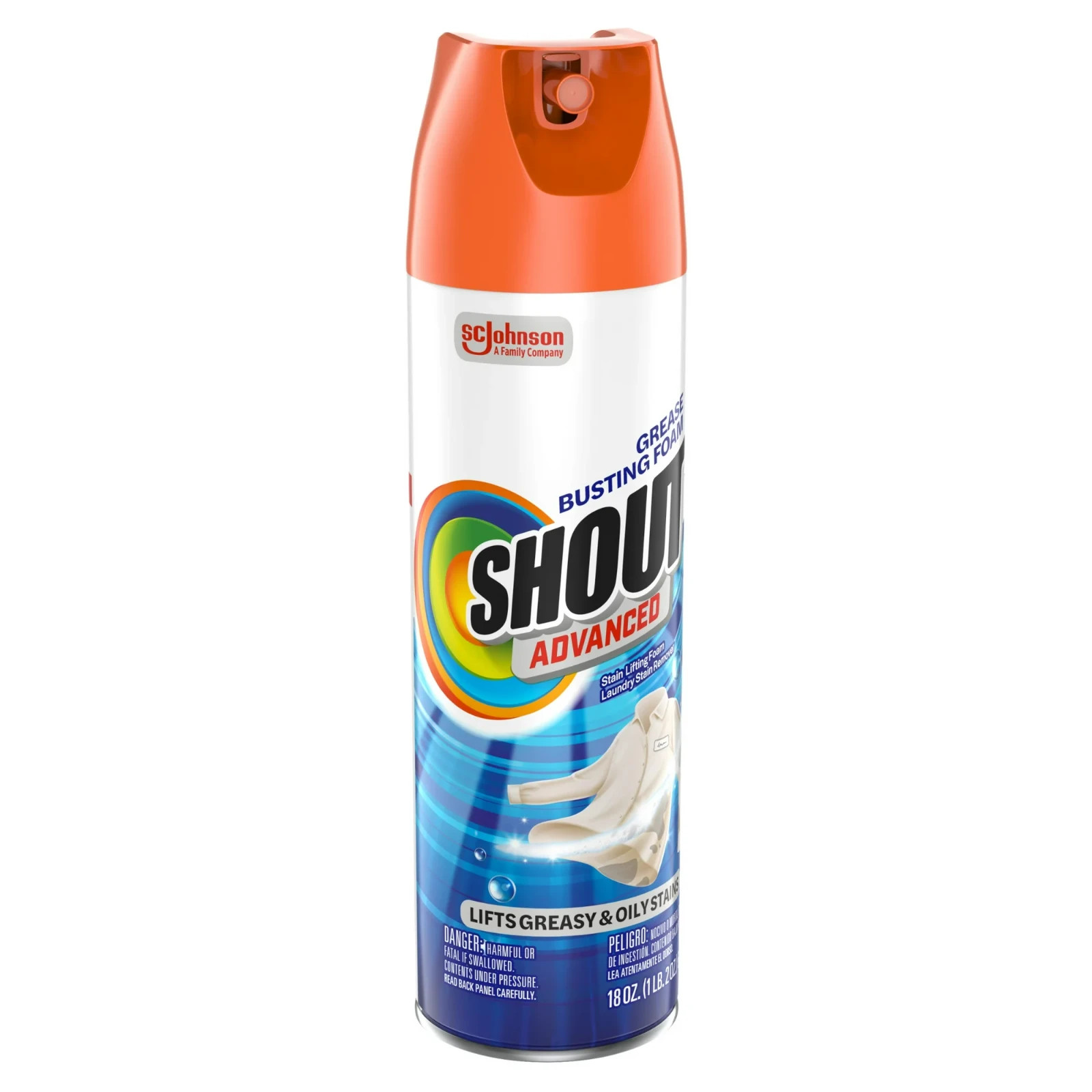 Shout Advanced Grease Busting Foam, Laundry Stain Remover for Oil and 18oz Can
