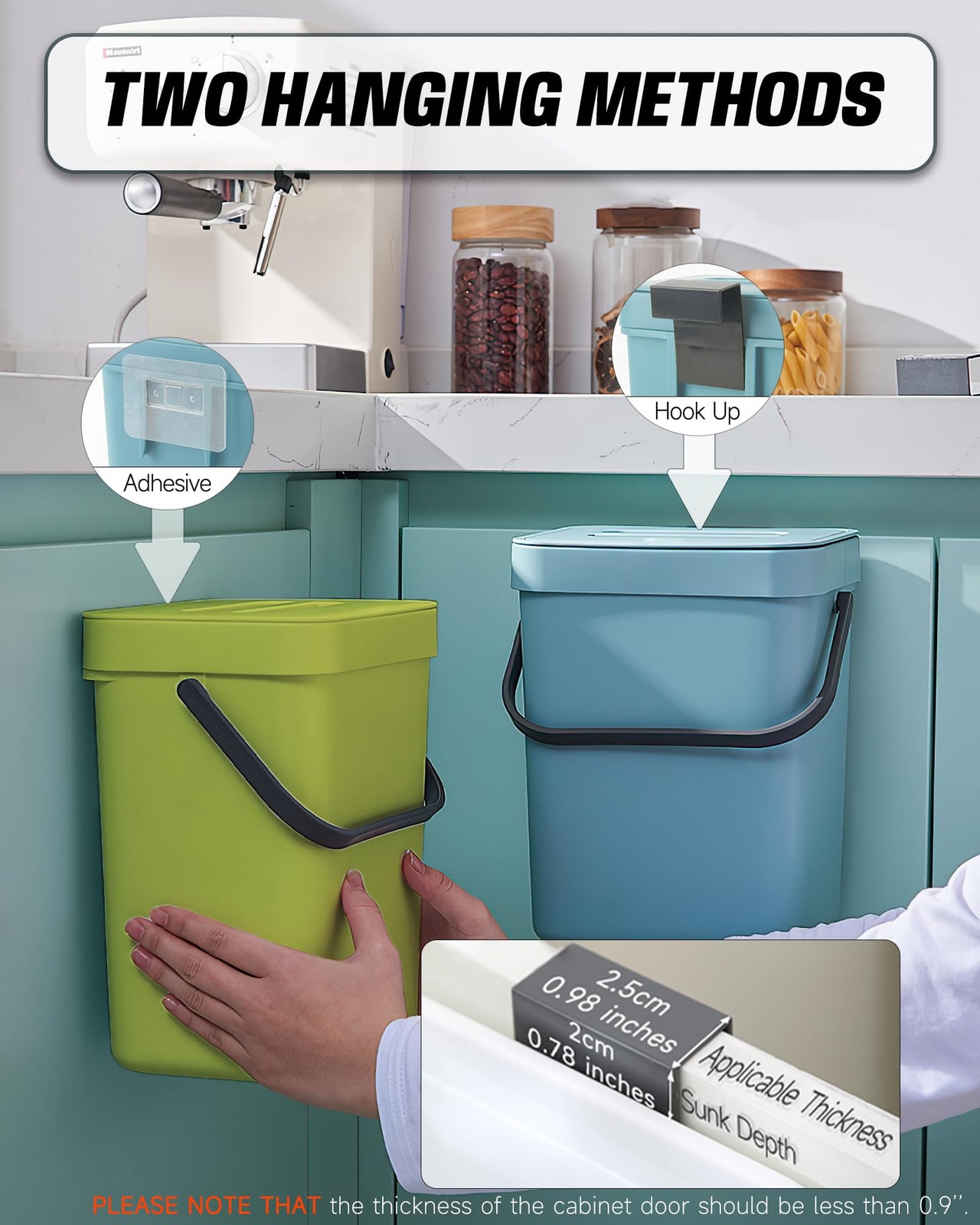 1.3 Gal Hanging Small Trash Can with Lid, Countertop Compost Bin, 5L, Green