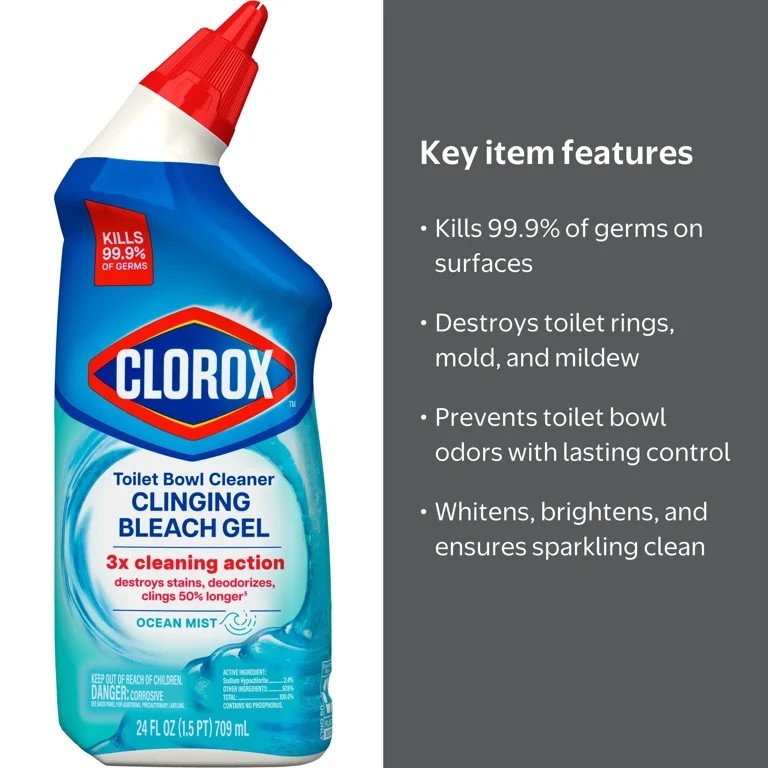 Clorox Clinging Bleach Gel Toilet Bowl Cleaner, Disinfecting, Ocean Mist 24 oz