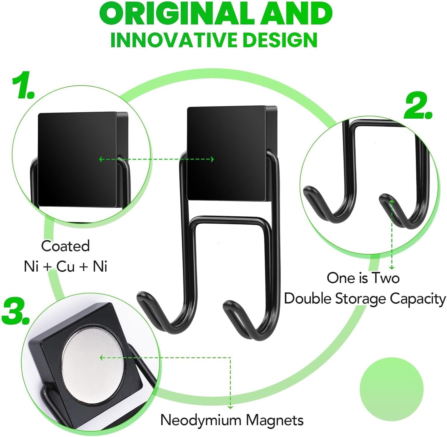 6-Pack Heavy Duty 50lb+ Magnetic Hooks, Double Hook Magnets for Refrigerator, Gr