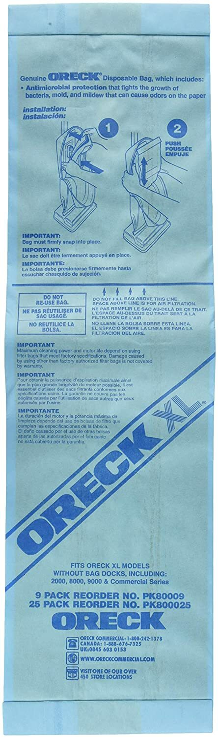 Oreck Commercial PK80009 Disposable Vacuum Bags XL Standard Filtration 9/Pack