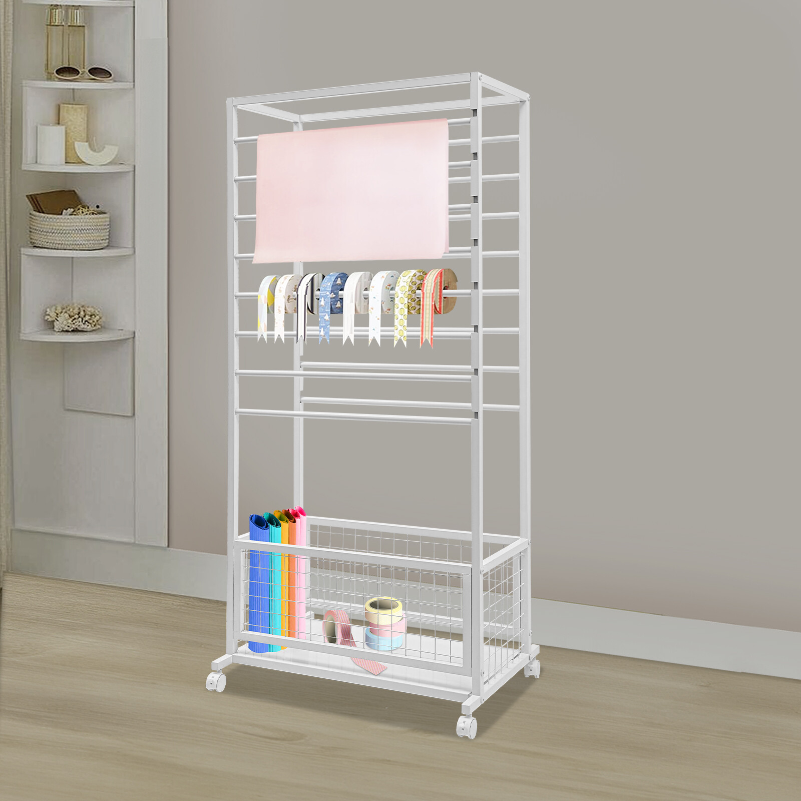 16-Layer Organizer Rack, Storage Shelf, Floor Standing Ribbon Display Rack
