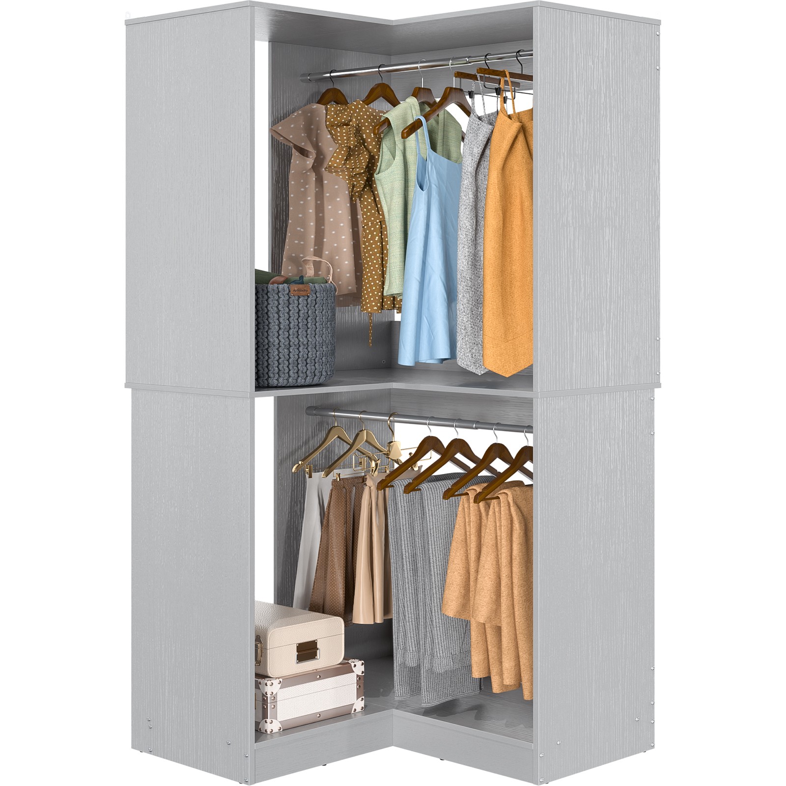 32″ Wide Wood Corner Closet Organizer System with 2 Hanging Rod & Storage Shelve