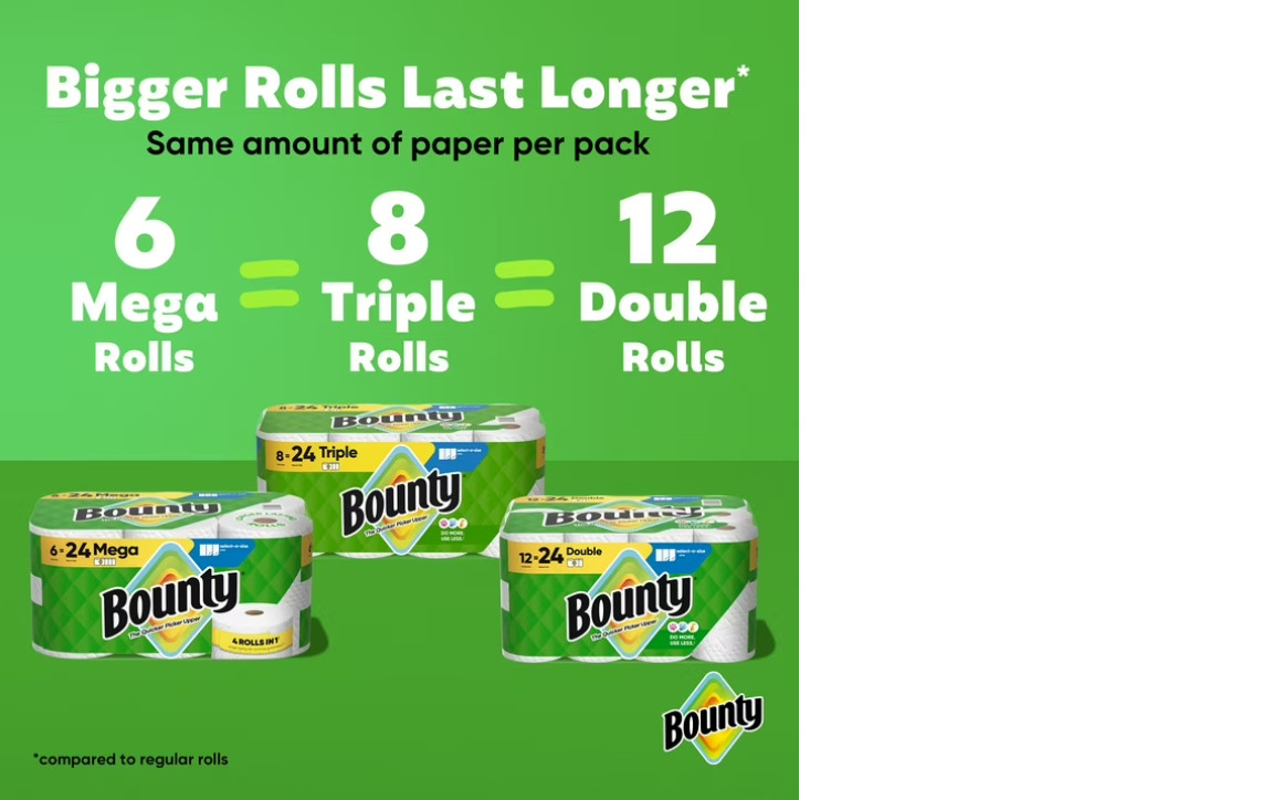 Bounty Paper Towels Select-A-Size White, 6 Mega Rolls, 164 Sheets per Roll