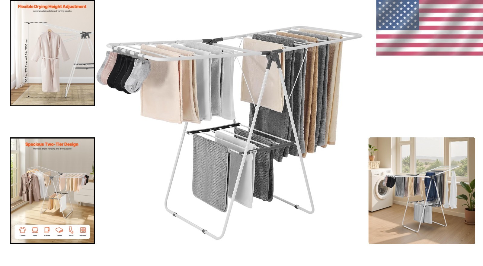 Elegant 2-Tier Foldable Laundry Dryer Rack with Sock Clips – Space-Saving White