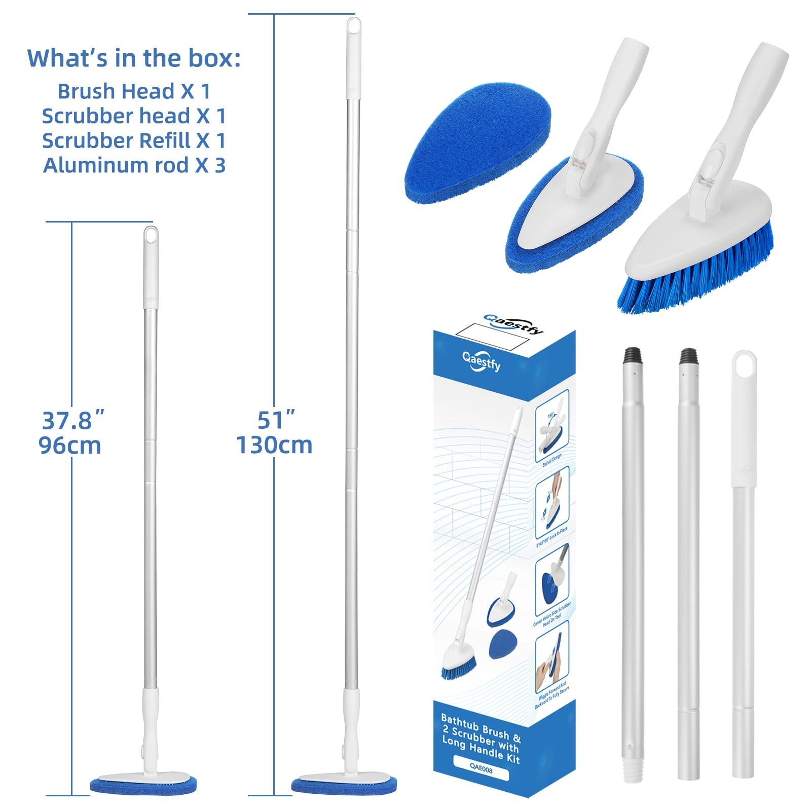 Qaestfy Shower Bathtub Tub and Tile Scrubber Brush with 51” 130cm:7, Blue